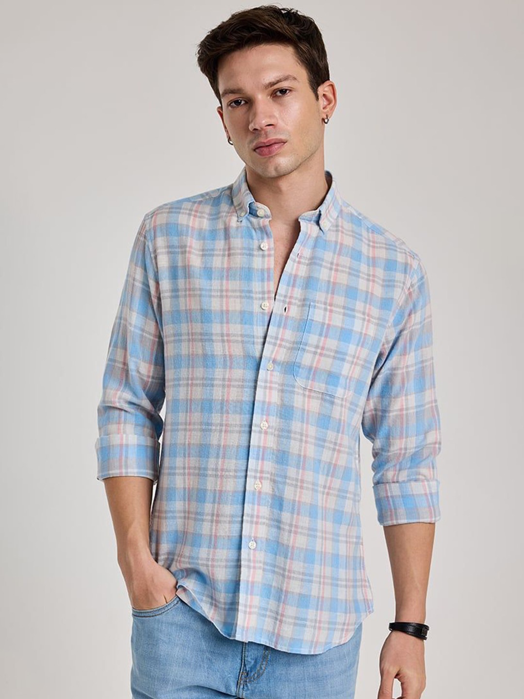

Snitch Men Smart Button-Down Collar Tartan Checked Linen Casual Shirt, Blue