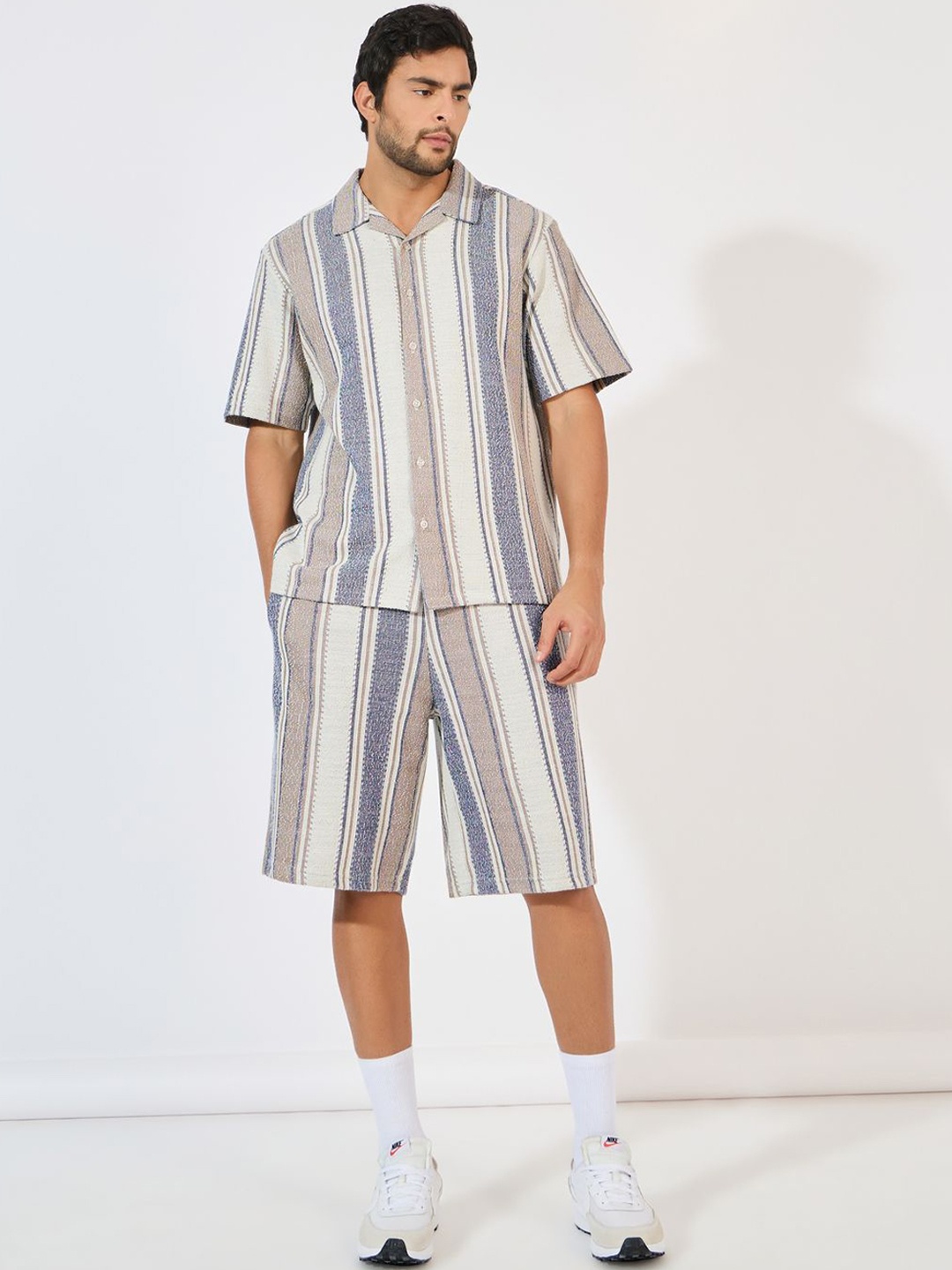 

Styli Striped Short Sleeves Shirt With Shorts Co-Ords, Grey