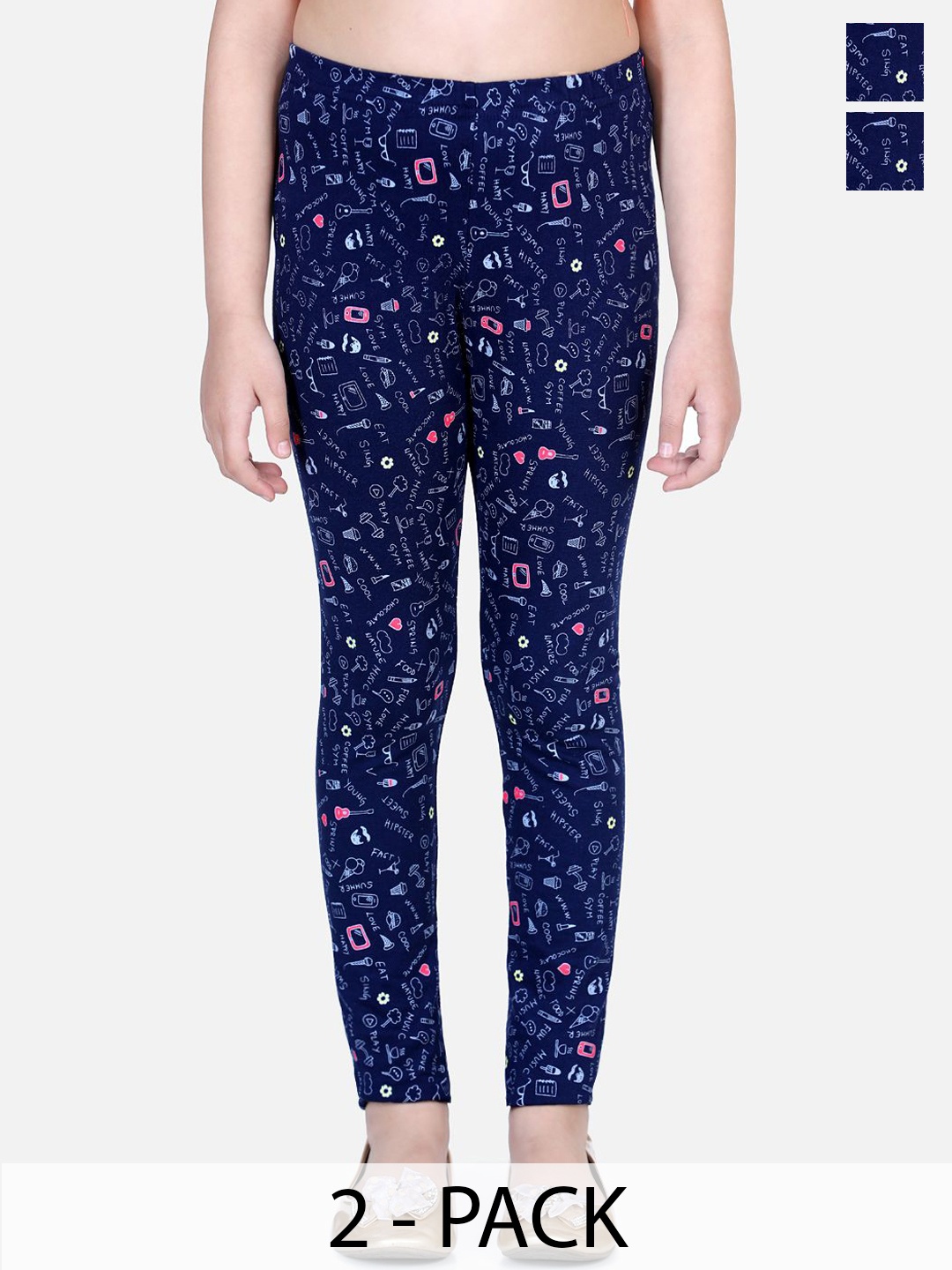 

Naughty Ninos Girls Pack Of 2 Printed Cotton Ankle-Length Leggings, Navy blue