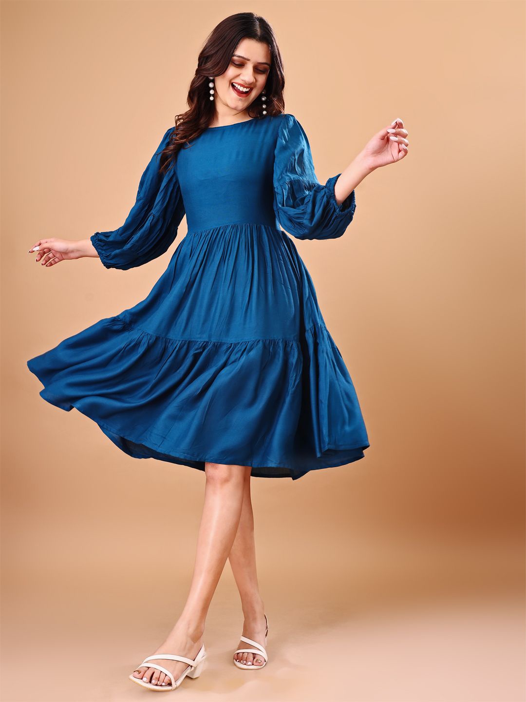 

SHINISHA Women Puff Sleeves Fit & Flare Dress, Blue