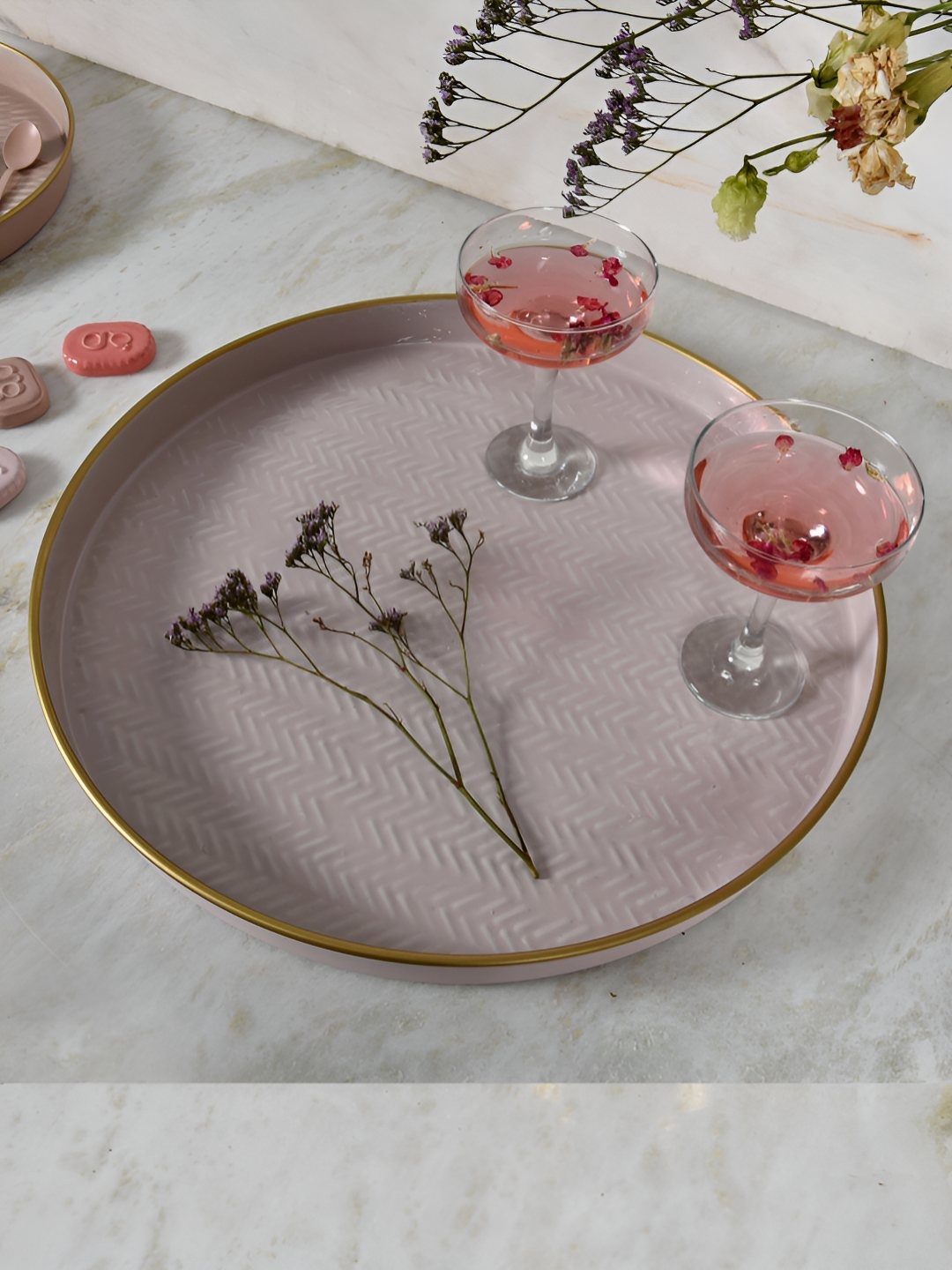 

Living With Elan Soiree Pink & Gold Toned Textured Alloy Steel Serving Tray