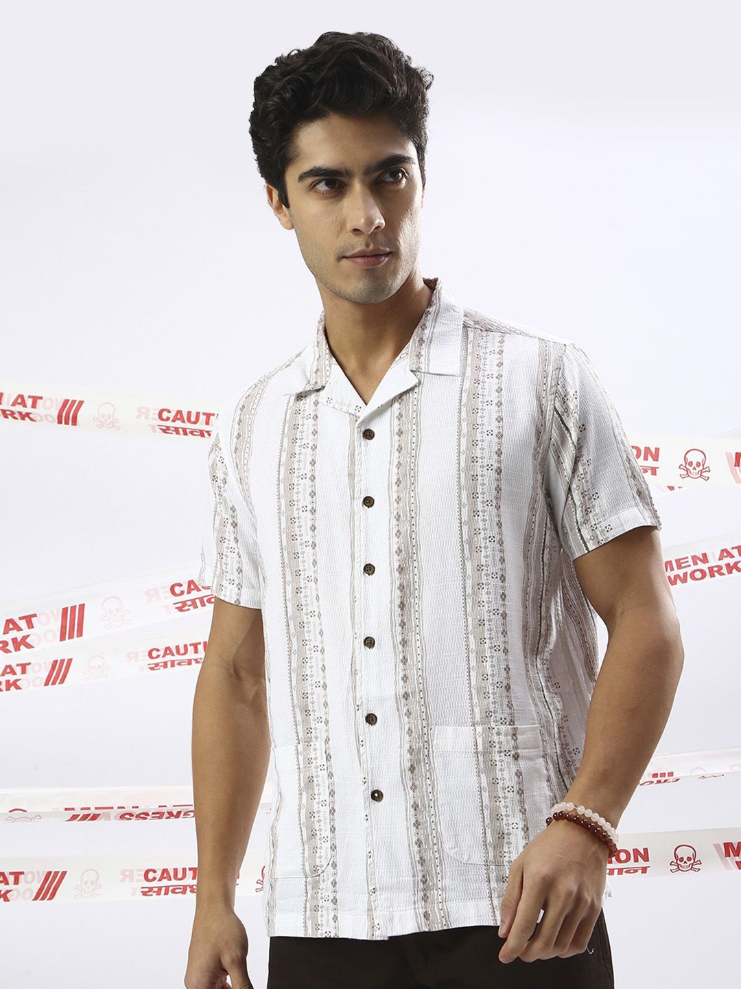 

VALEN CLUB Men Premium Cuban Collar Striped Cotton Casual Shirt, Off white
