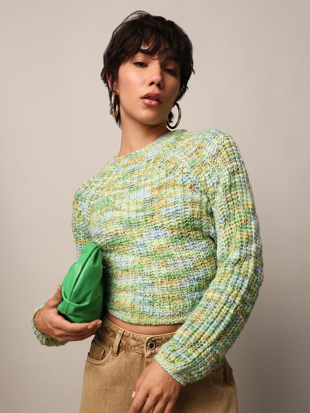 

ONLY Women Open Knit Self Design Round Neck Pullover Straight Sweater, Green