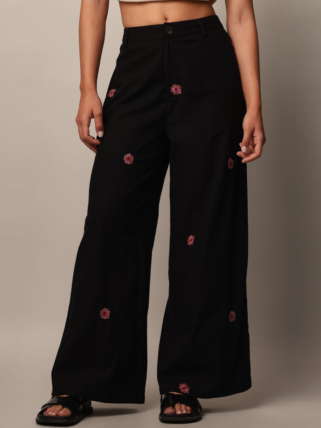 

ONLY Women Floral Embroidered Flared High-Rise Cotton Trousers, Black