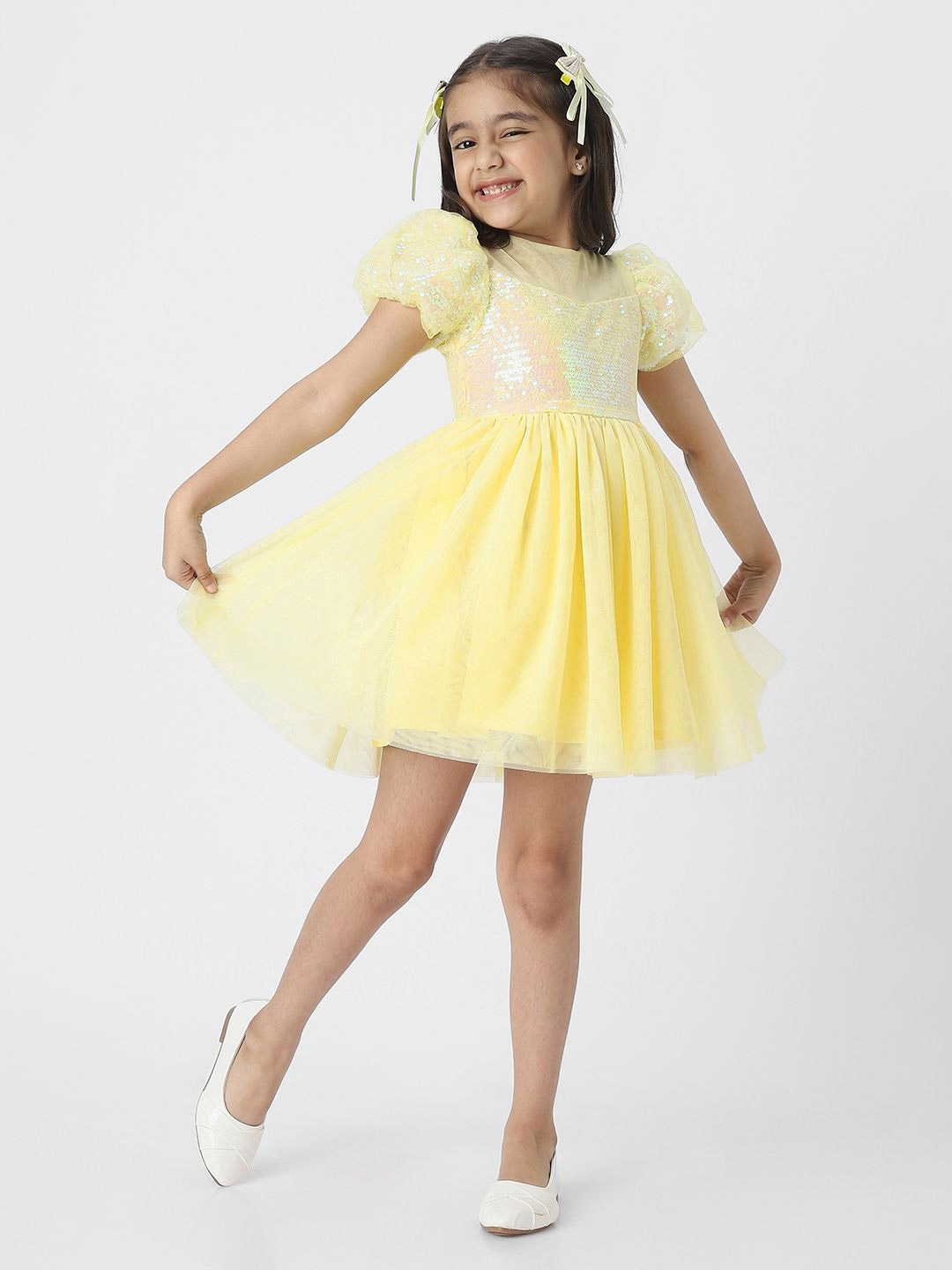 

Nauti Nati Girls Embellished Puff Sleeved Dress, Yellow