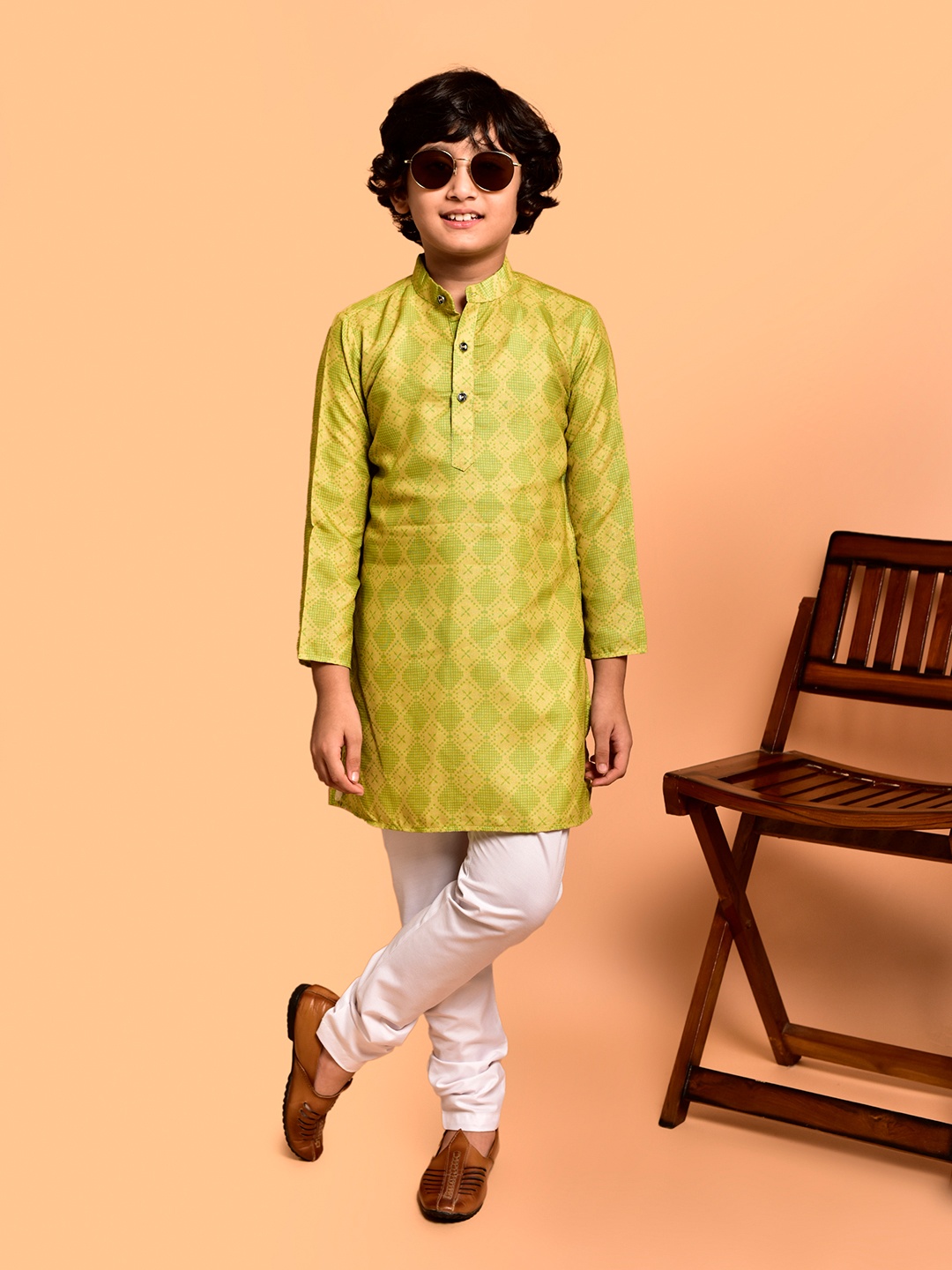

PRINTCULTR Boys Geometric Printed Straight Kurta with Churidar, Yellow