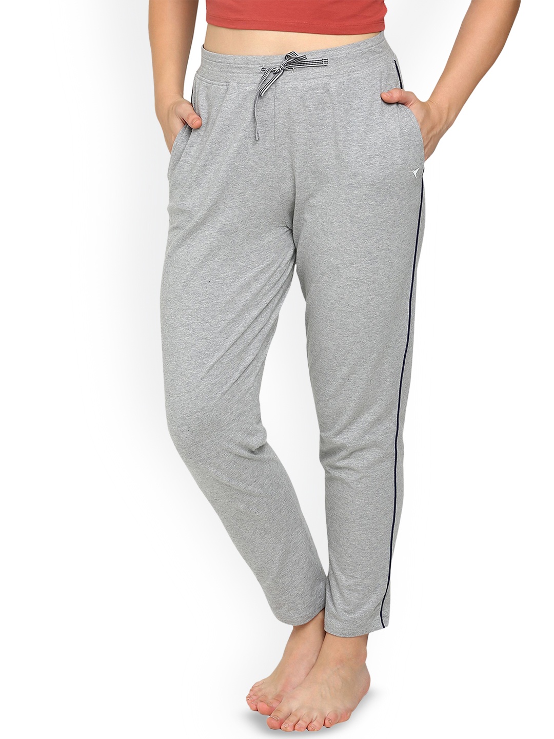 

BLOSSOM Women Contrast Piping Relaxed-Fit Mid-Rise Lounge Pants, Grey melange