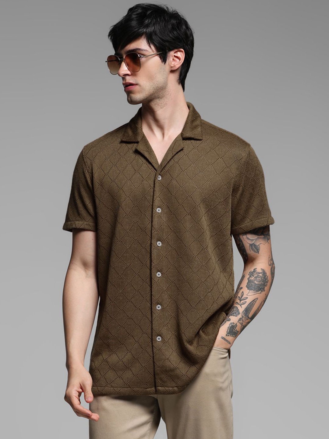 

Jack & Jones Men Cuban Collar Textured Relaxed Fit Casual Shirt, Brown