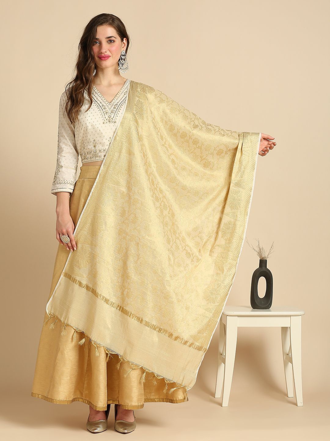 

Dupatta Bazaar Floral Woven Design Zari Chanderi Silk Dupatta, Gold