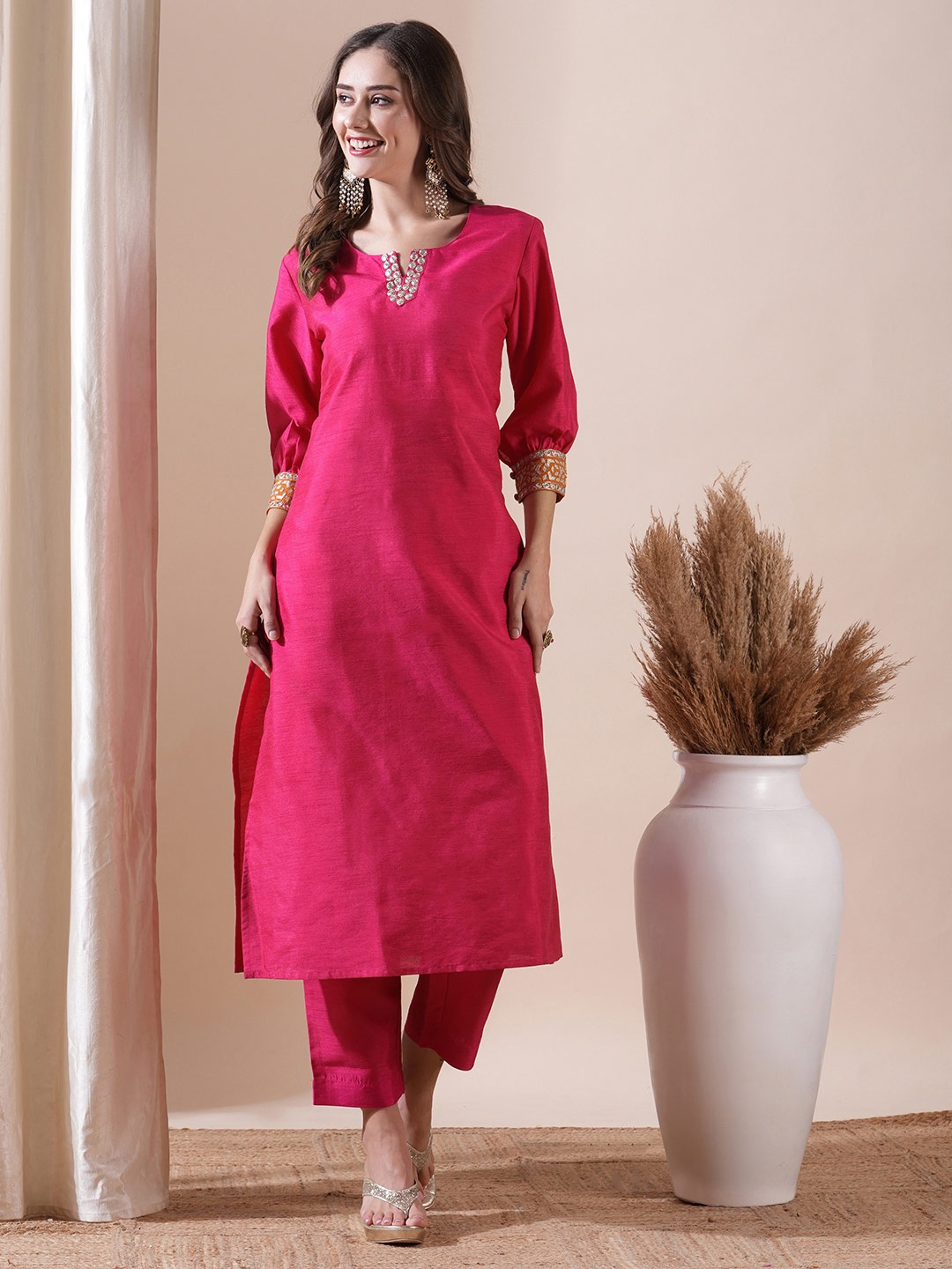 

FASHOR Yoke Design Puff Sleeves Mirror Work & Zari With Applique Kurta With Trouser, Pink