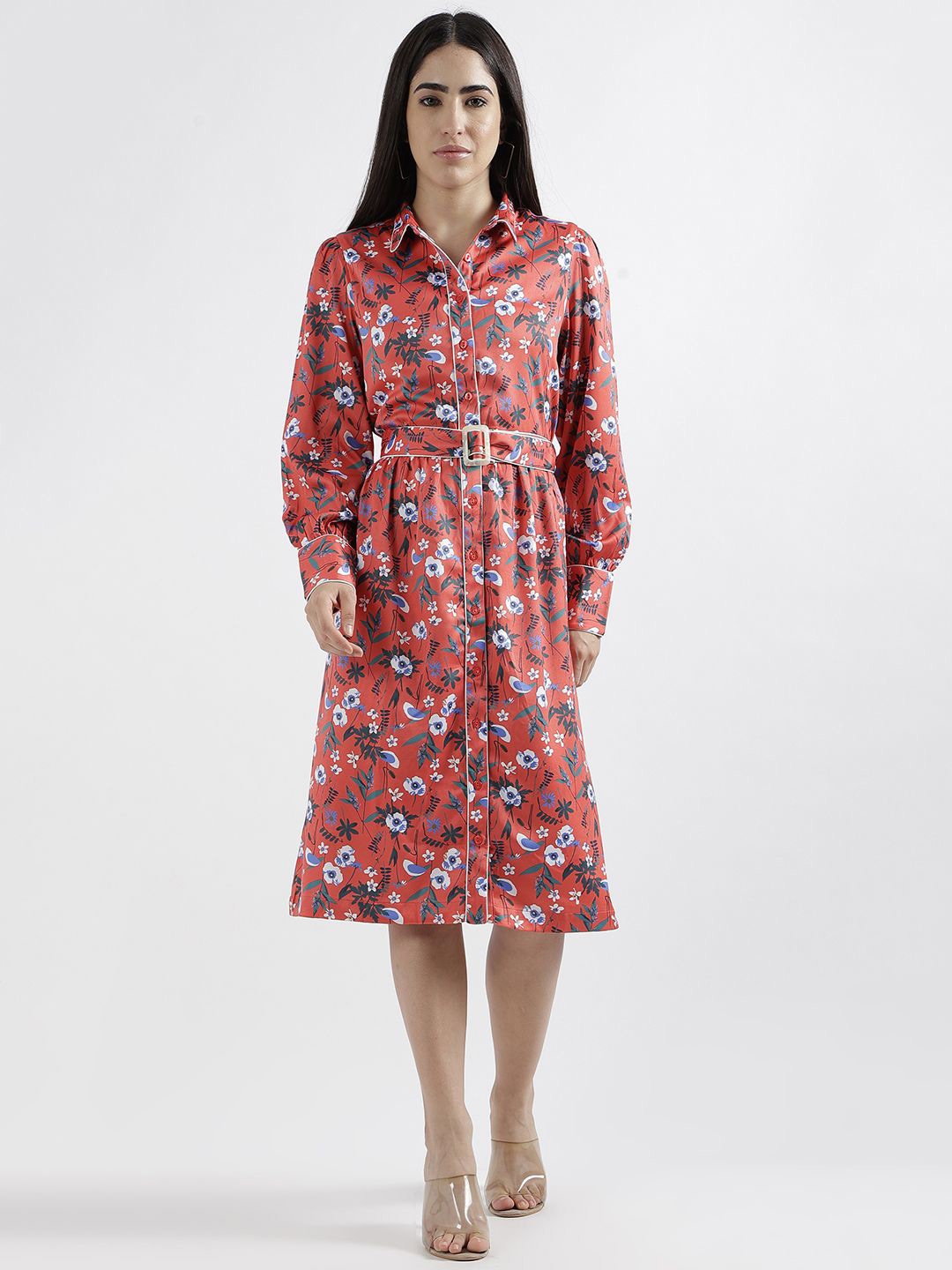 

ELLE Women Floral Printed Shirt Midi Dress, Red