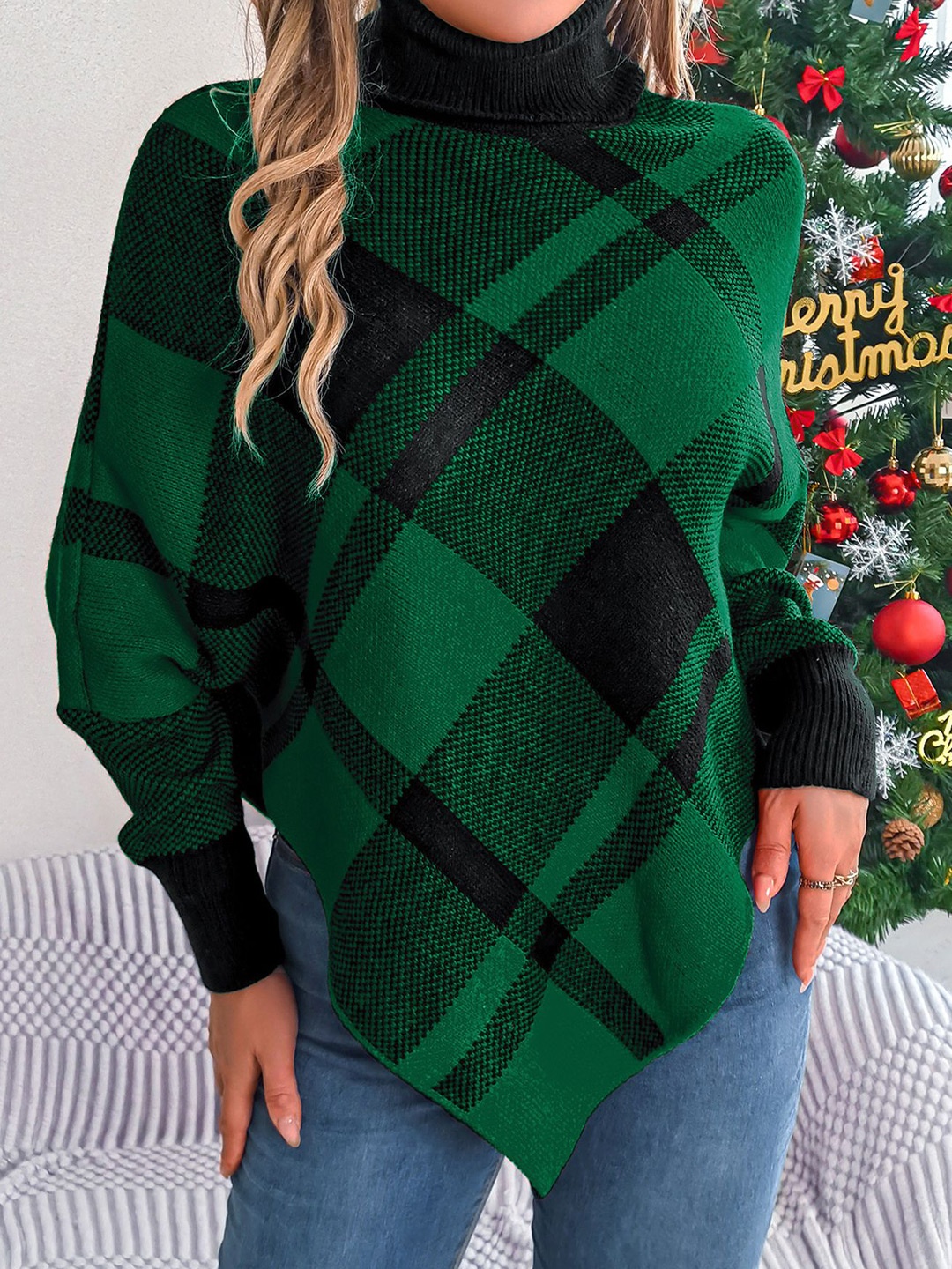 

StyleCast x Revolte Women Checked Turtle Neck Pullover High-Low Sweater, Green