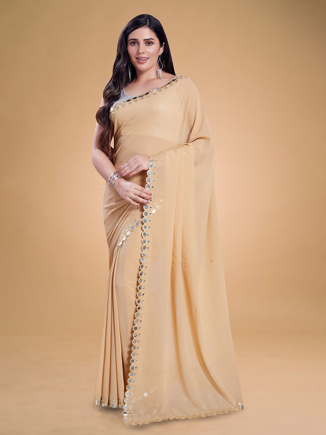 

Rani Saahiba Solid Mirror Work Saree, Beige