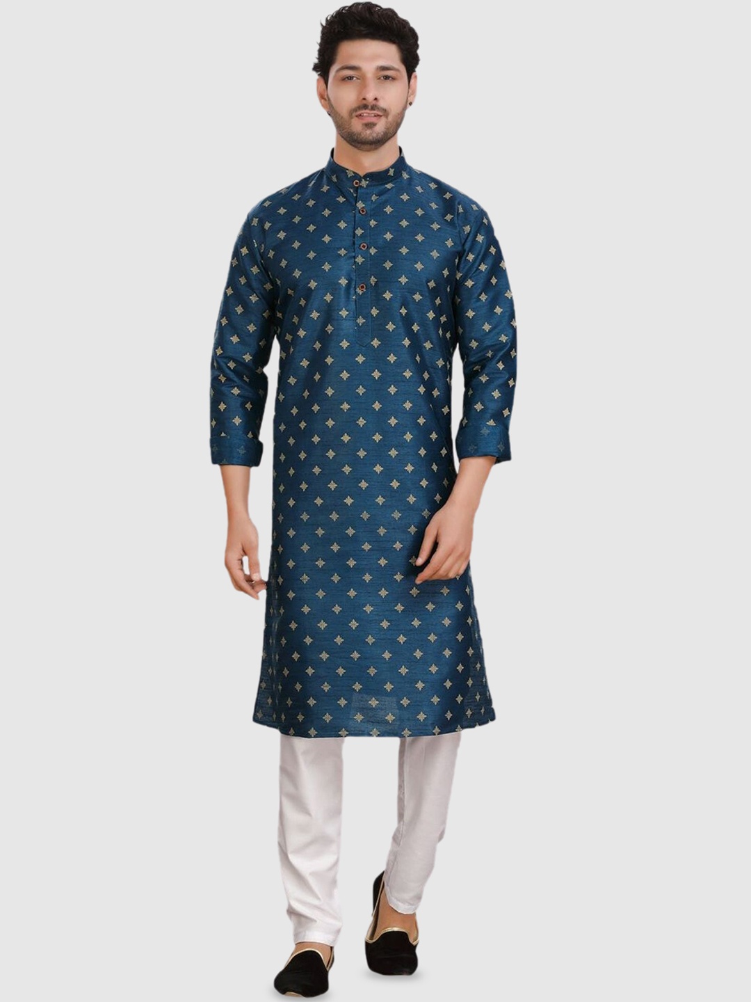 

ENCINO Ethnic Motifs Printed Mandarin Collar Silk Straight Kurta, Navy blue