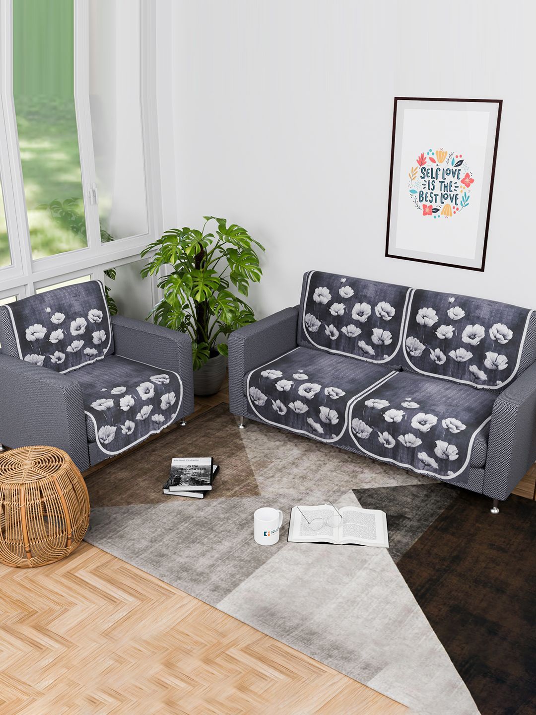 

Kuber Industries Grey & White 6 Pieces Printed Velvet 3 Seater Sofa Cover With Arms