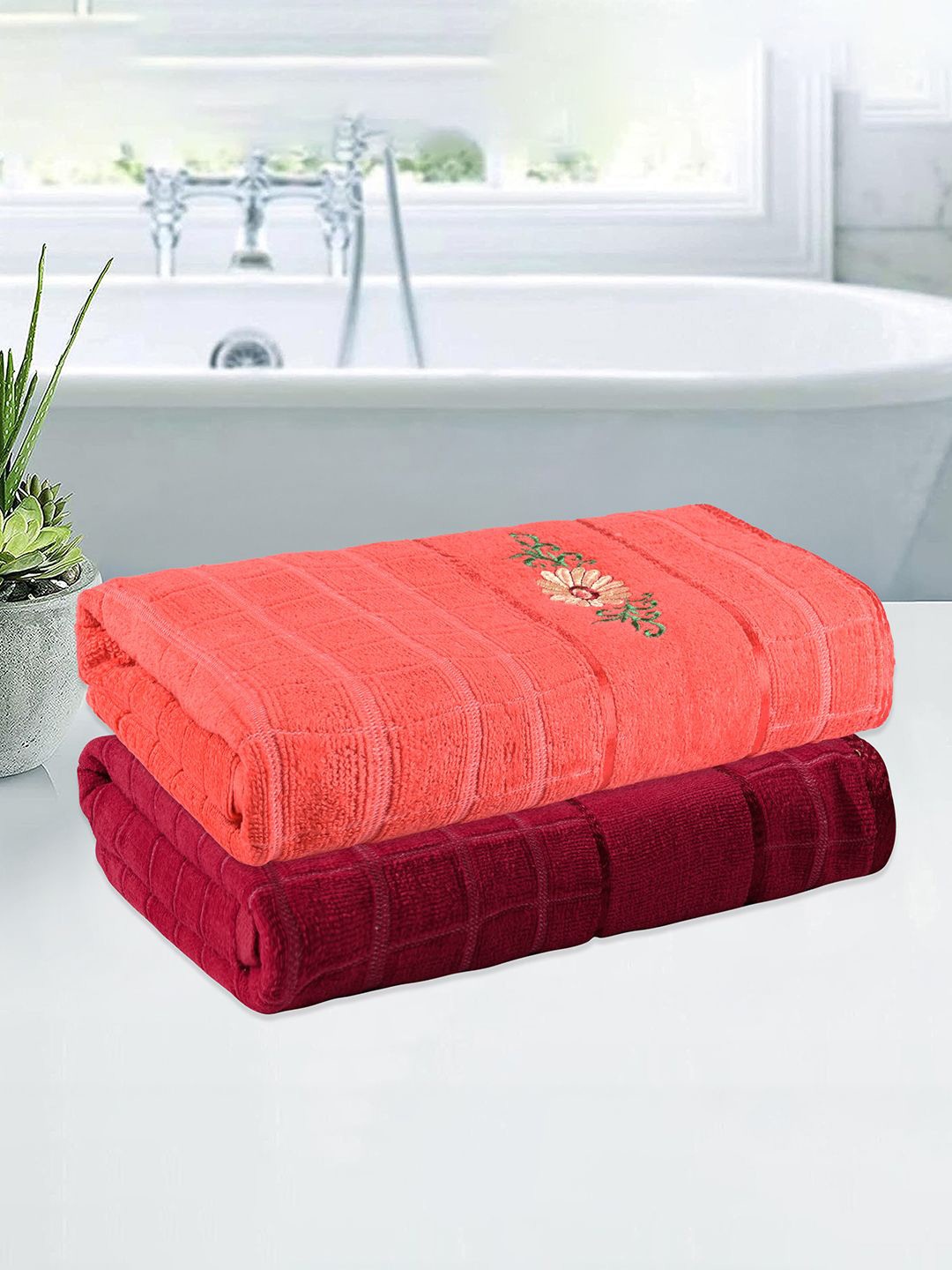

Kuber Industries Red & Orange 2 Pieces Striped 260 GSM Bath Towels