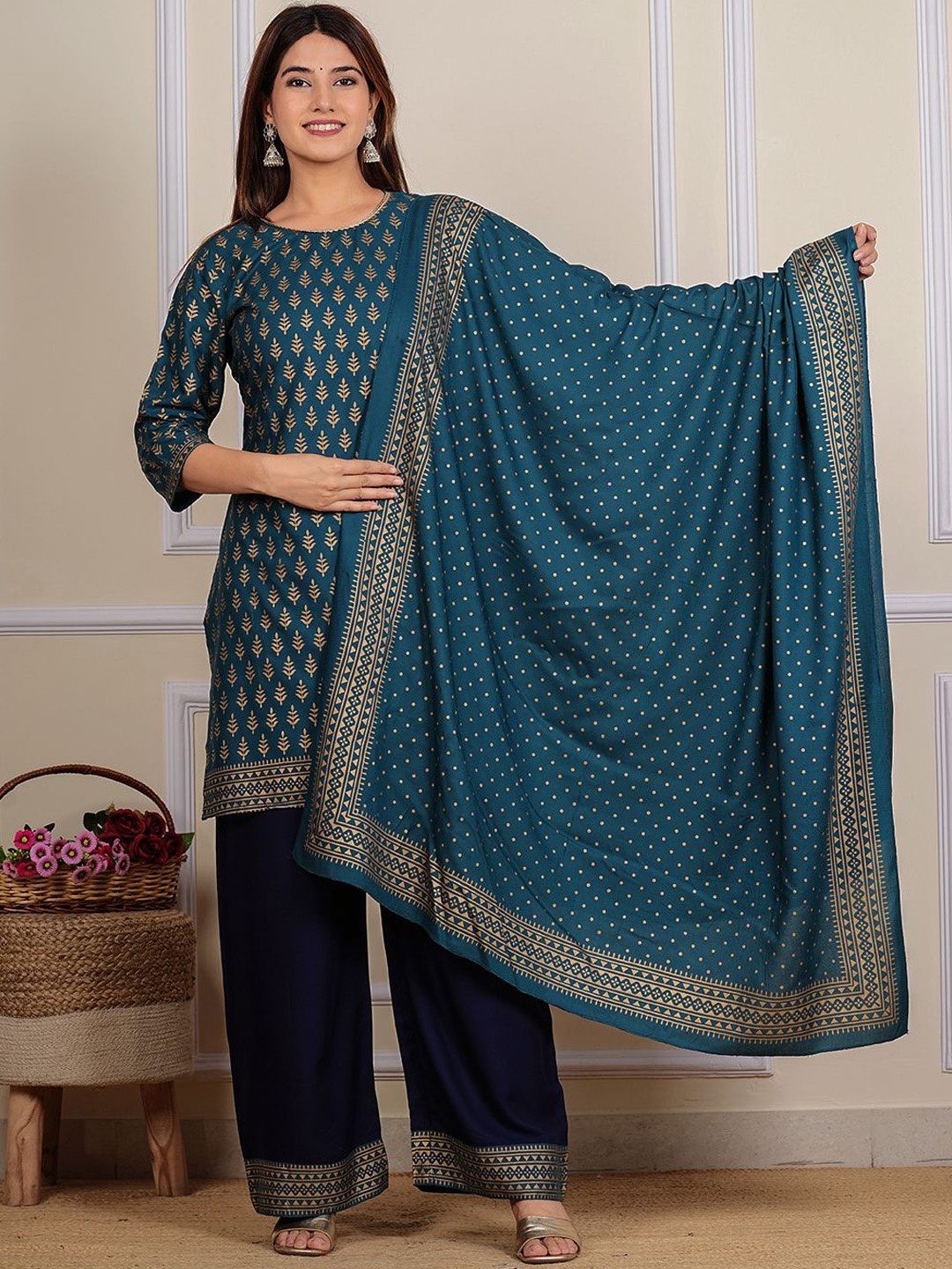 

HEBA Ethnic Motifs Printed A-Line Kurta With Trouser & Dupatta, Turquoise blue