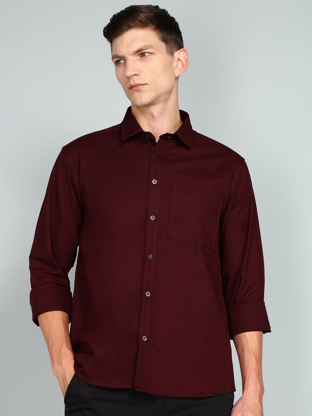 

Ethazh Men Spread Collar Solid Cotton Formal Shirt, Maroon
