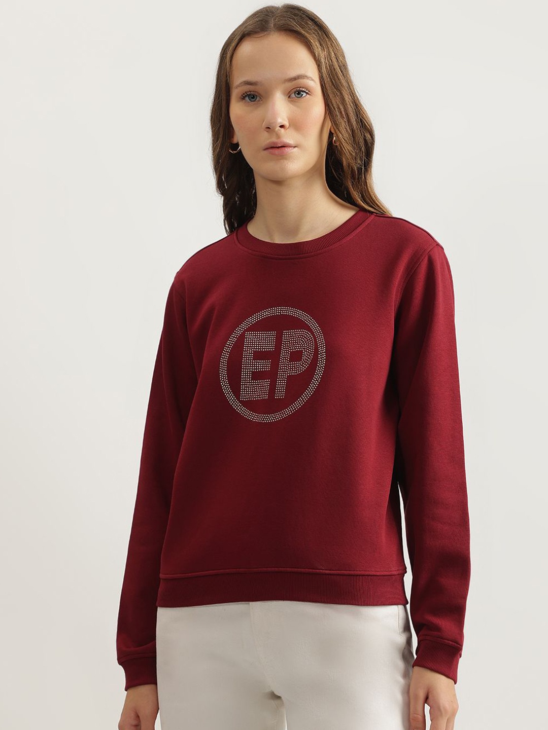 

ELLE Women Typography Printed Round Neck Cotton Pullover Sweatshirt, Maroon