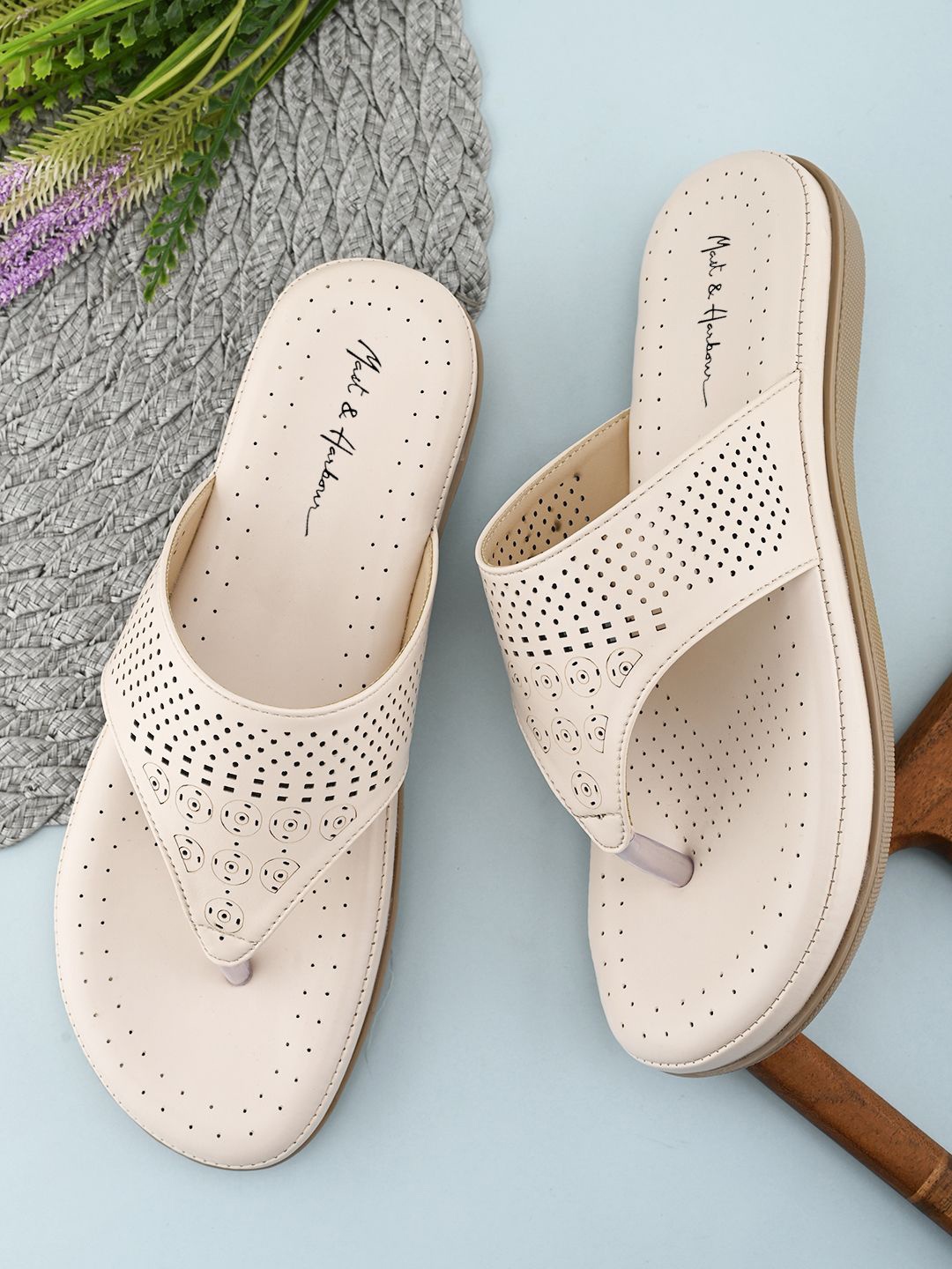 

Mast & Harbour Women Open Toe Flats with Laser Cuts, Cream