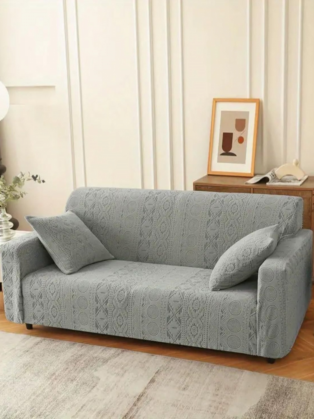 

Lukzer Grey Tribal Self Design 3 Seater Sofa Cover With Arms