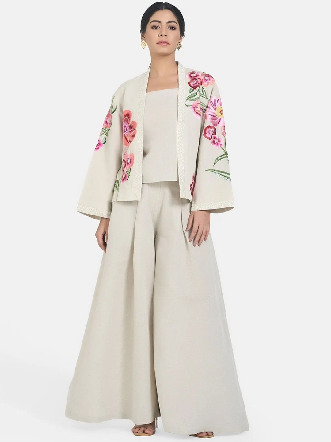 

BETRUE Women Collarless Floral Printed Linen Casual Tailored Jacket, White