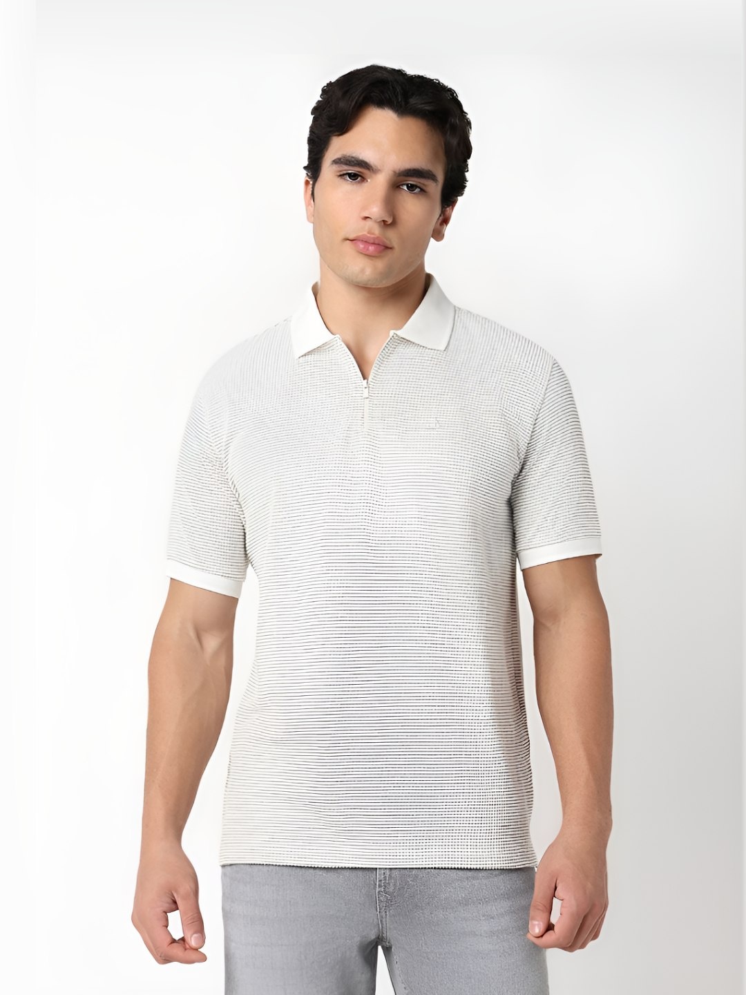 

R&B Men Striped Printed Polo Collar Cotton T-shirt, White