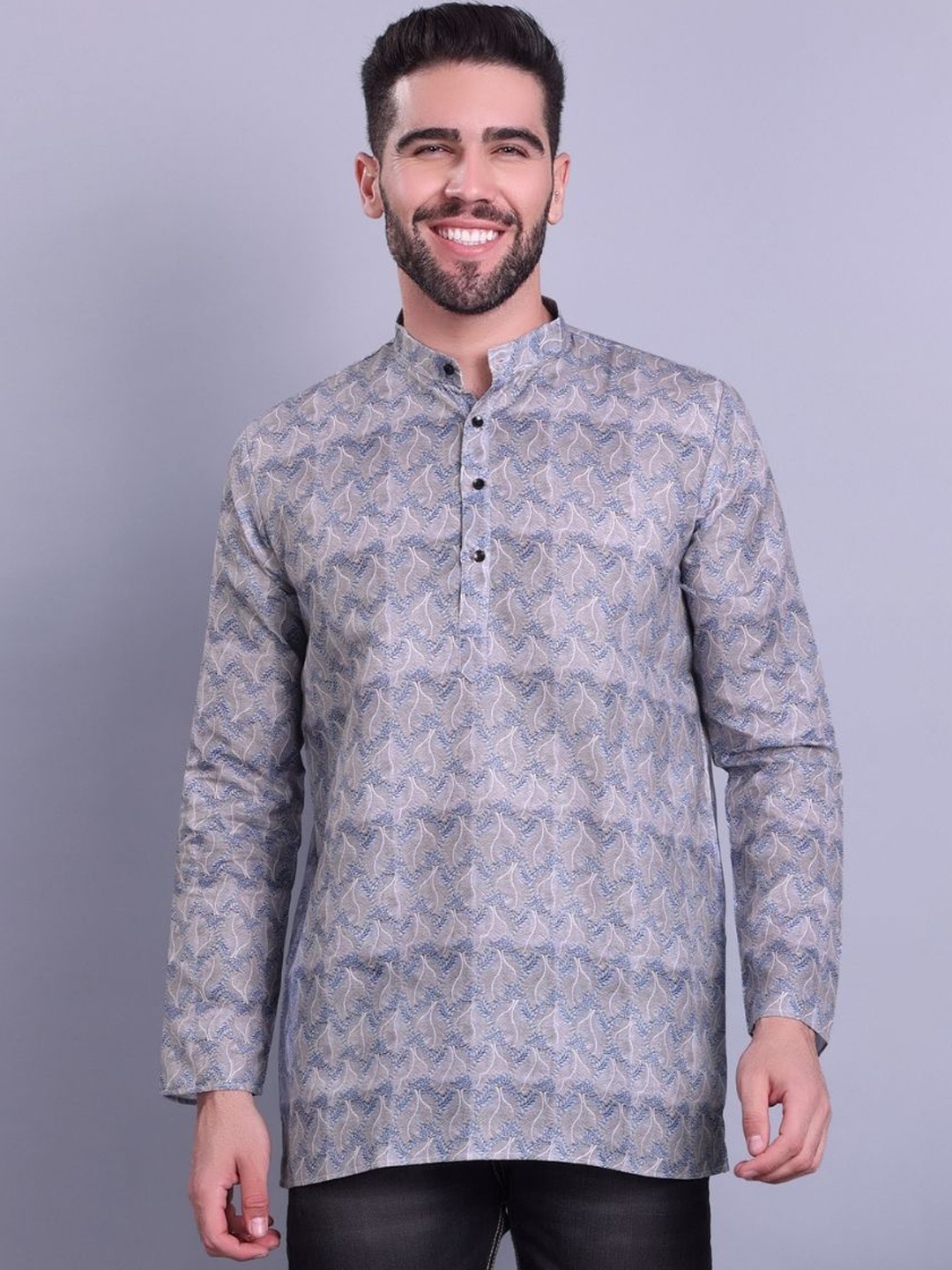 

ENCINO Floral Printed Band Collar Short Cotton Kurta, Grey