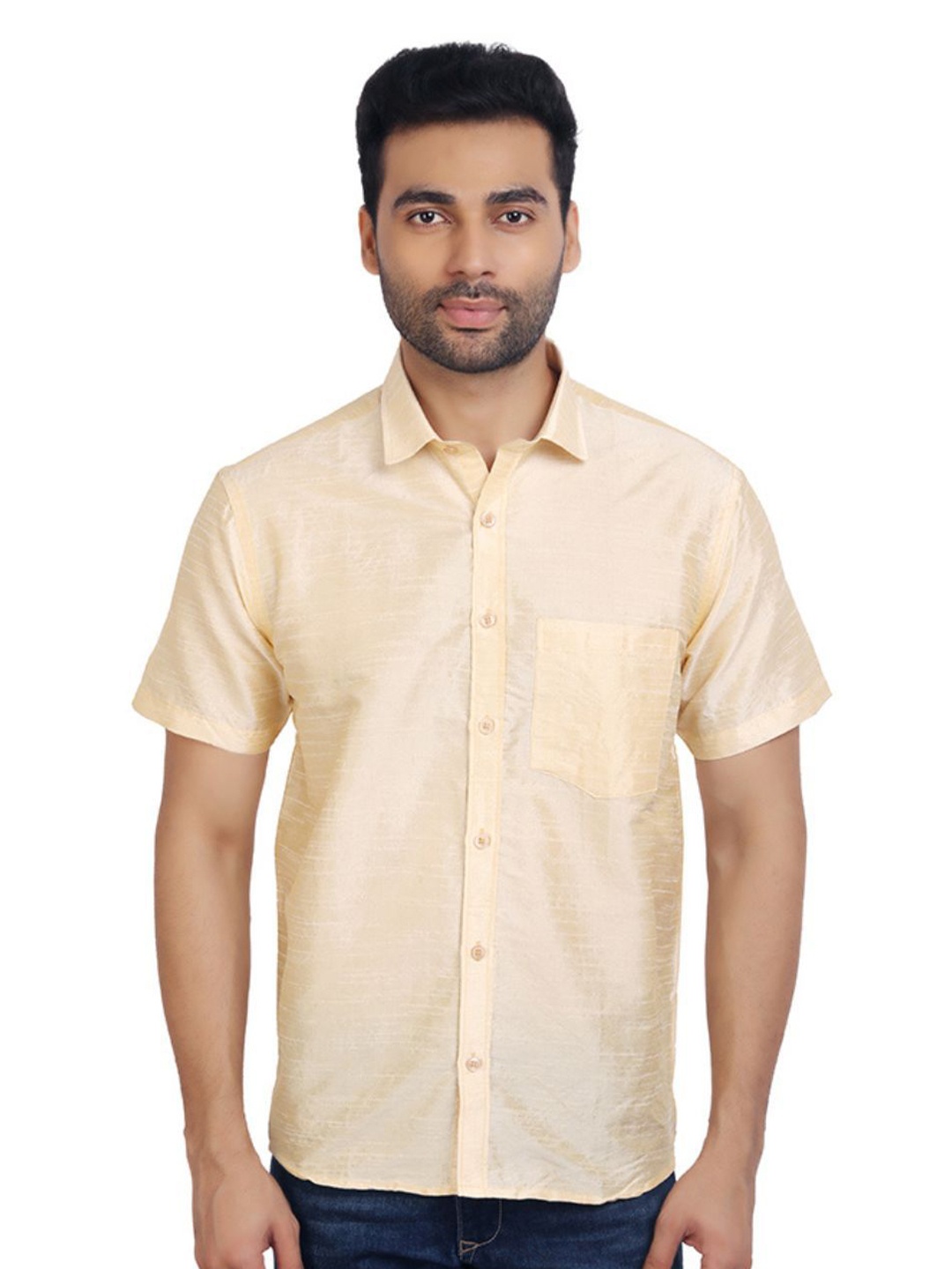 

Ethazh Men Spread Collar Solid Silk Casual Shirt, Beige