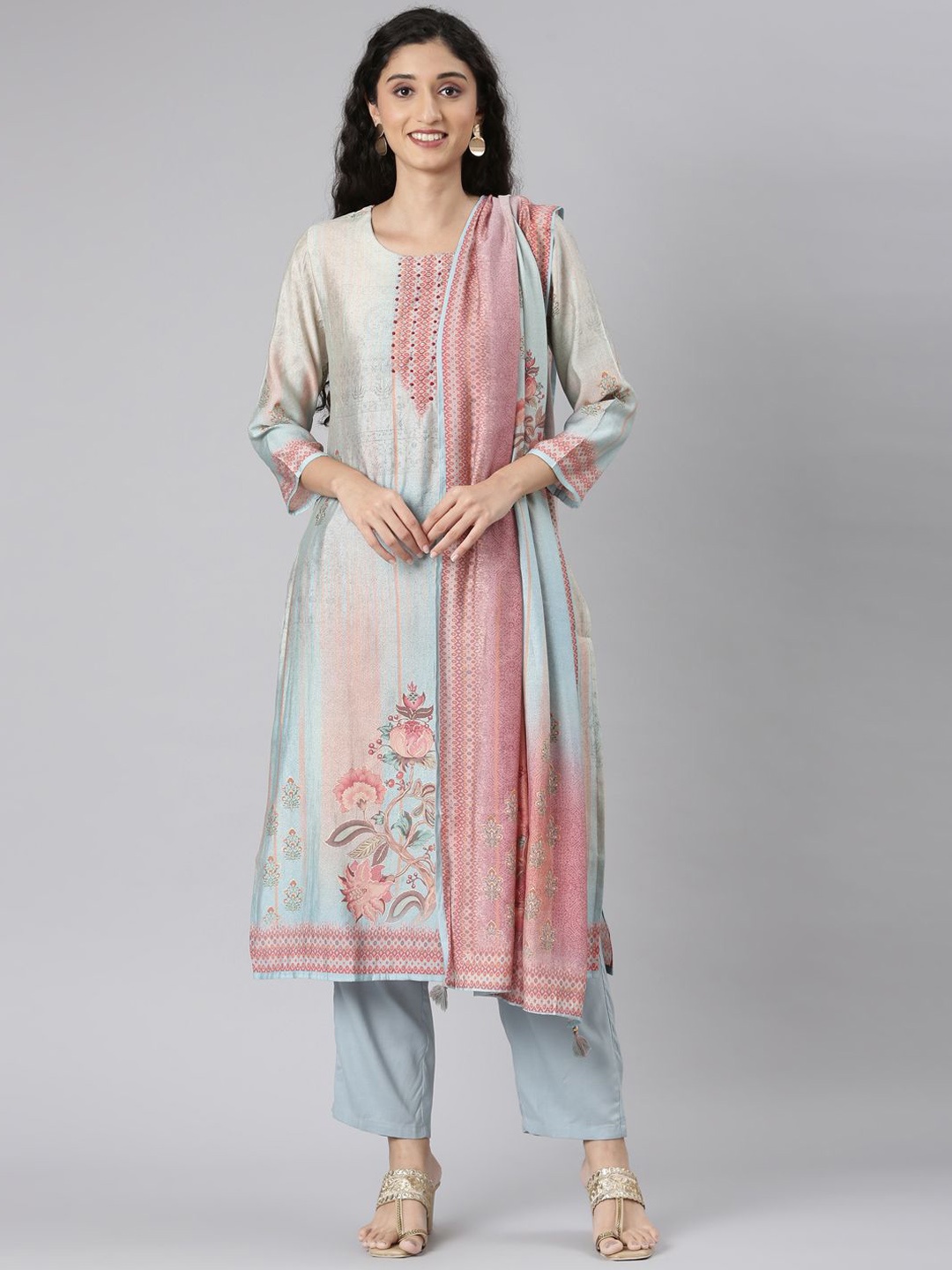 

Neerus Floral Printed Sequinned Straight Kurta With Trouser & Dupatta, Blue