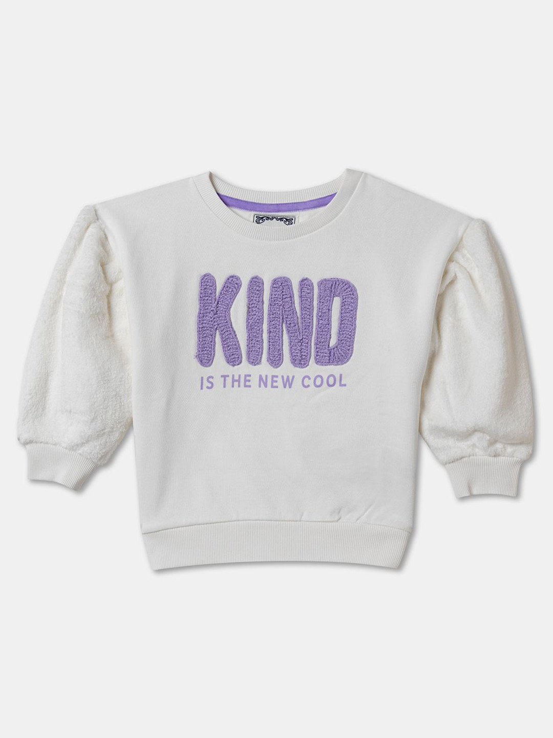 

R&B Girls Typography Printed Round Neck Cotton Pullover Ribbed Sweatshirt, White