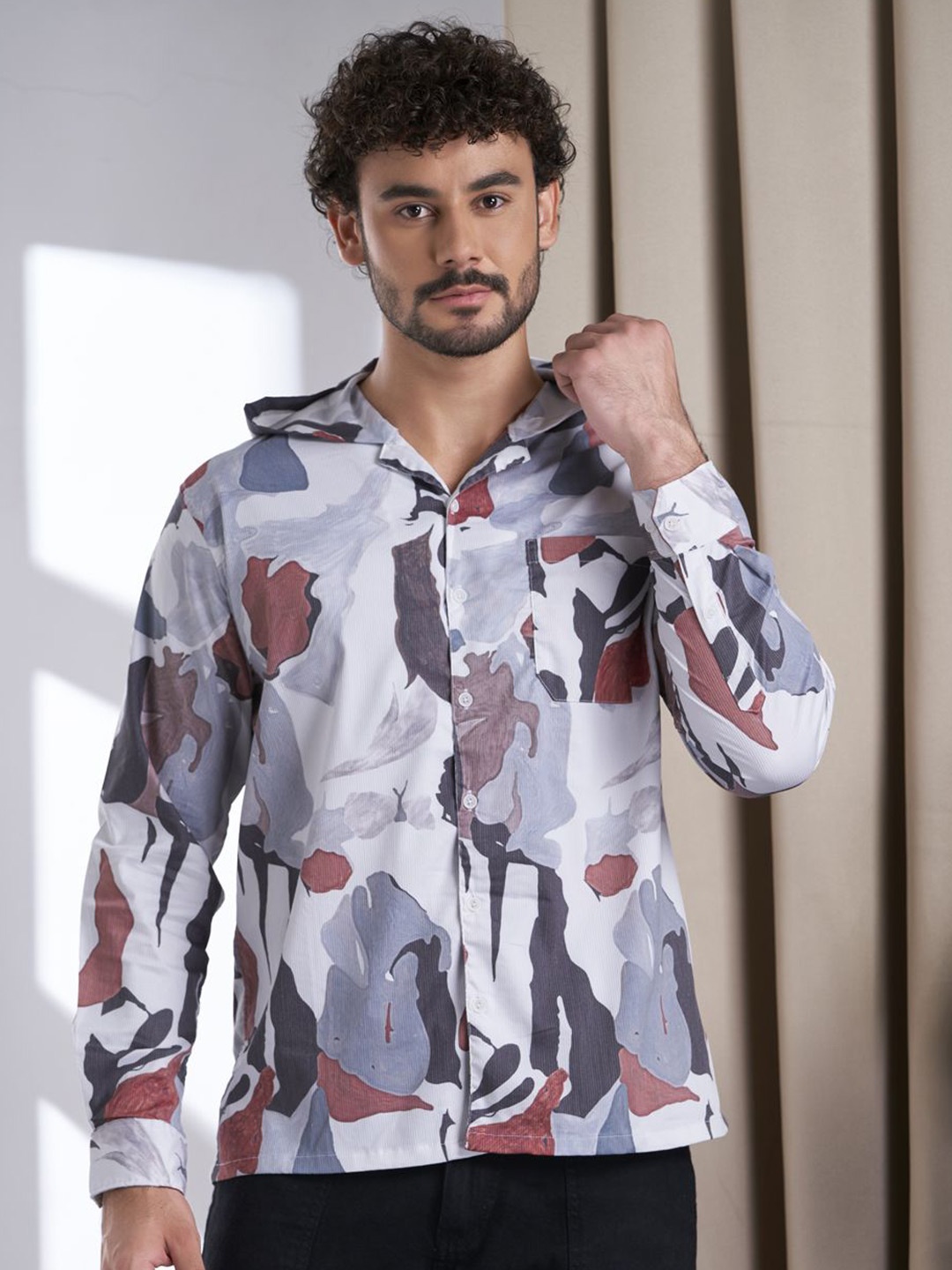 

VALEN CLUB Men Premium Hood Abstract Printed Casual Shirt, Blue