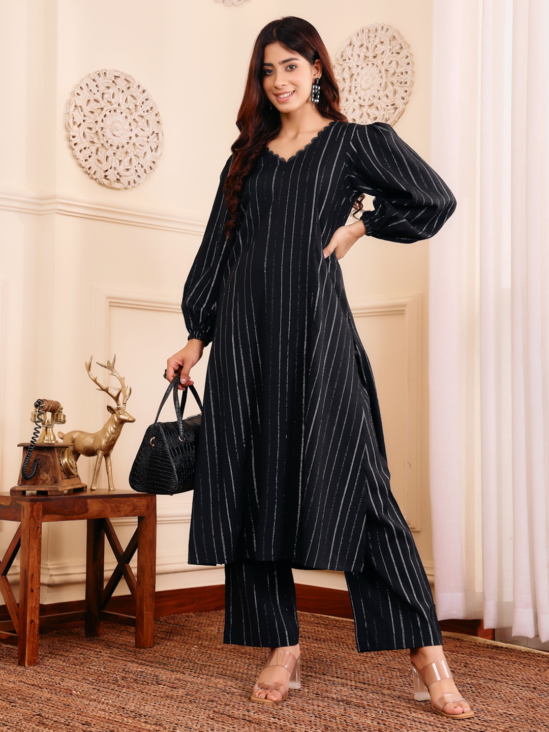 

Varanga Striped V-Neck Long Puffed Sleeves Regular A-Line Kurta With Palazzo, Black
