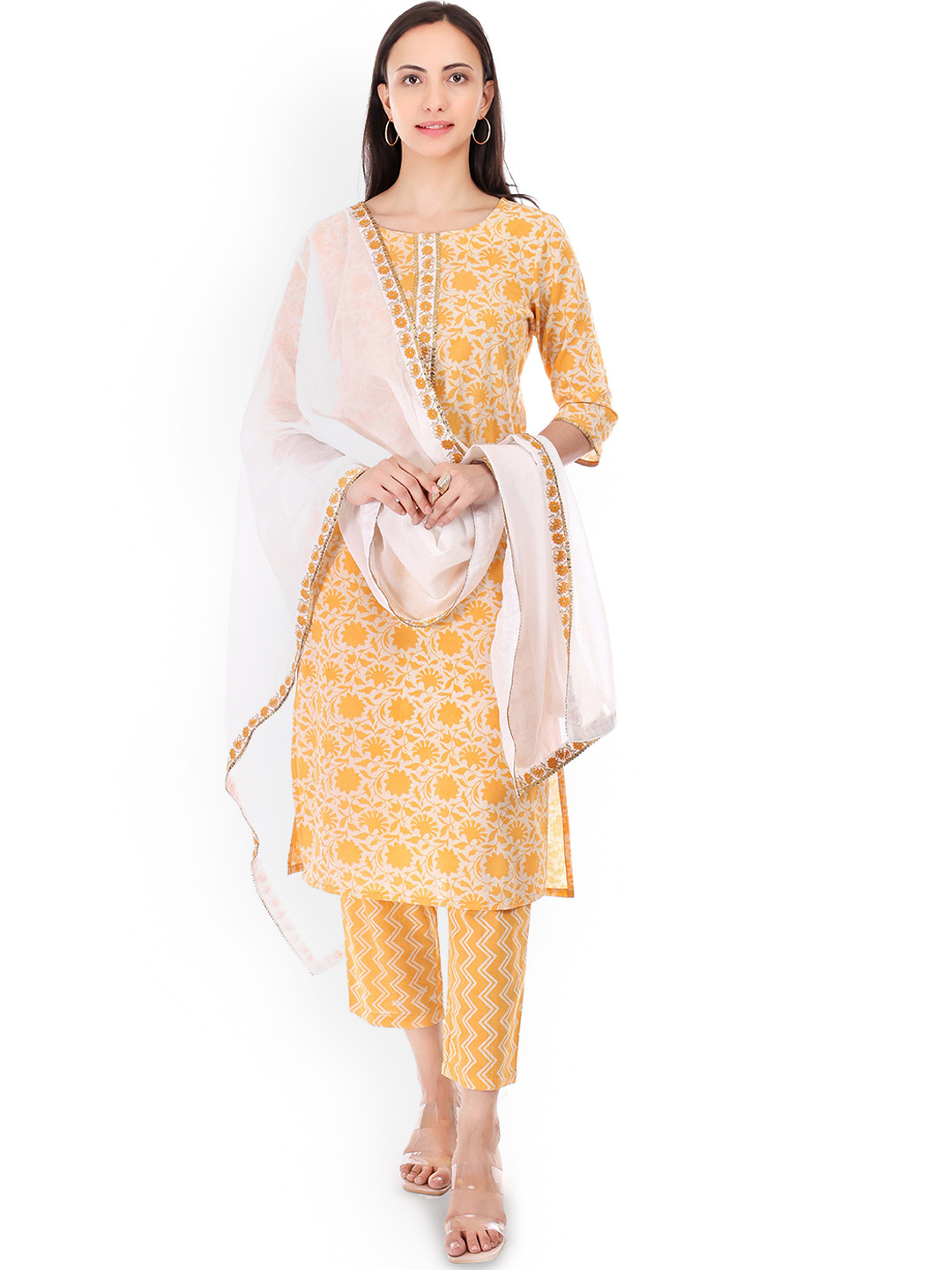 

GRIVA Floral Printed Gotta Patti Pure Cotton Straight Kurta With Trouser & Dupatta, Yellow