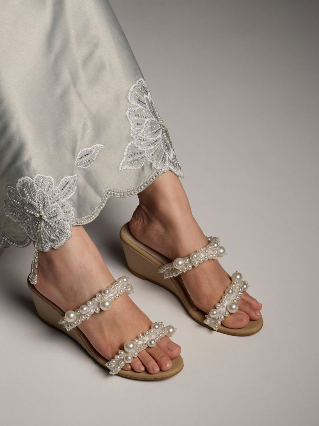 

CAI Women Embellished PU Party Wedge Sandals, Beige