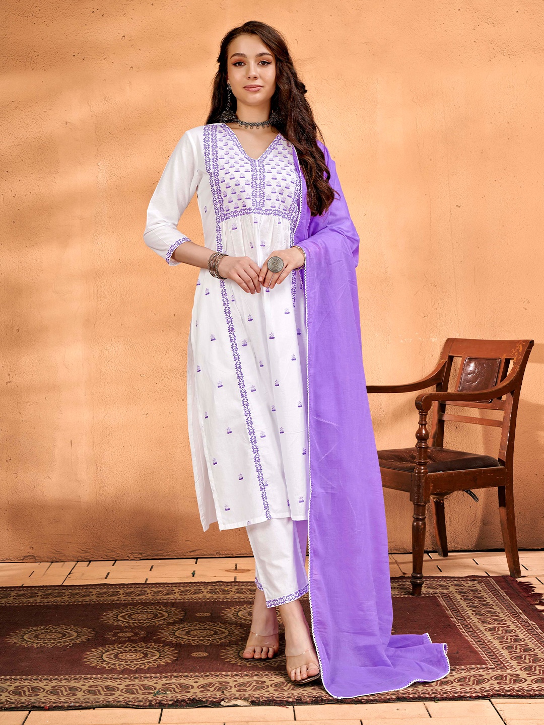

Anouk Ethnic Motifs Embroidered Thread Work Pure Cotton Kurta With Trousers & Dupatta, White