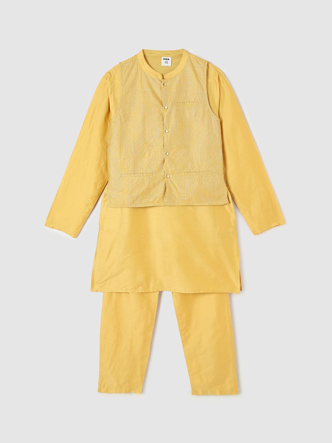

max Boys Mandarin Collar Kurta & Trousers With Nehru jacket, Yellow