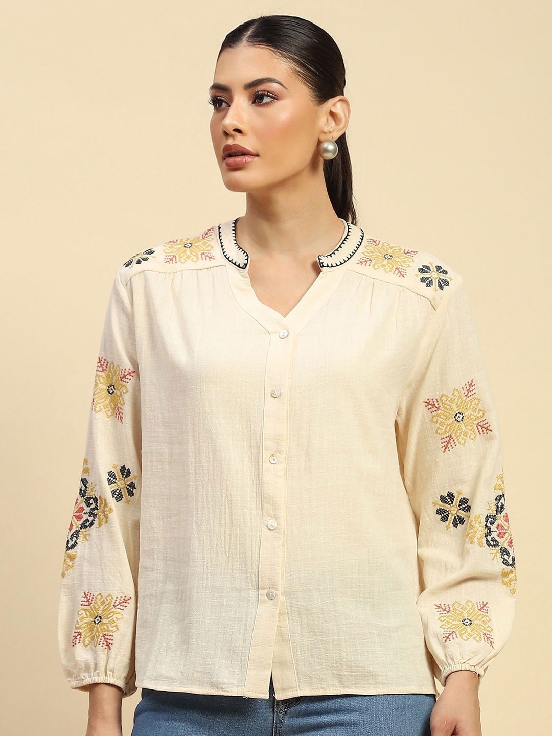 

Global Republic Women Classic Mandarin Collar Floral Printed Cotton Casual Shirt, Cream