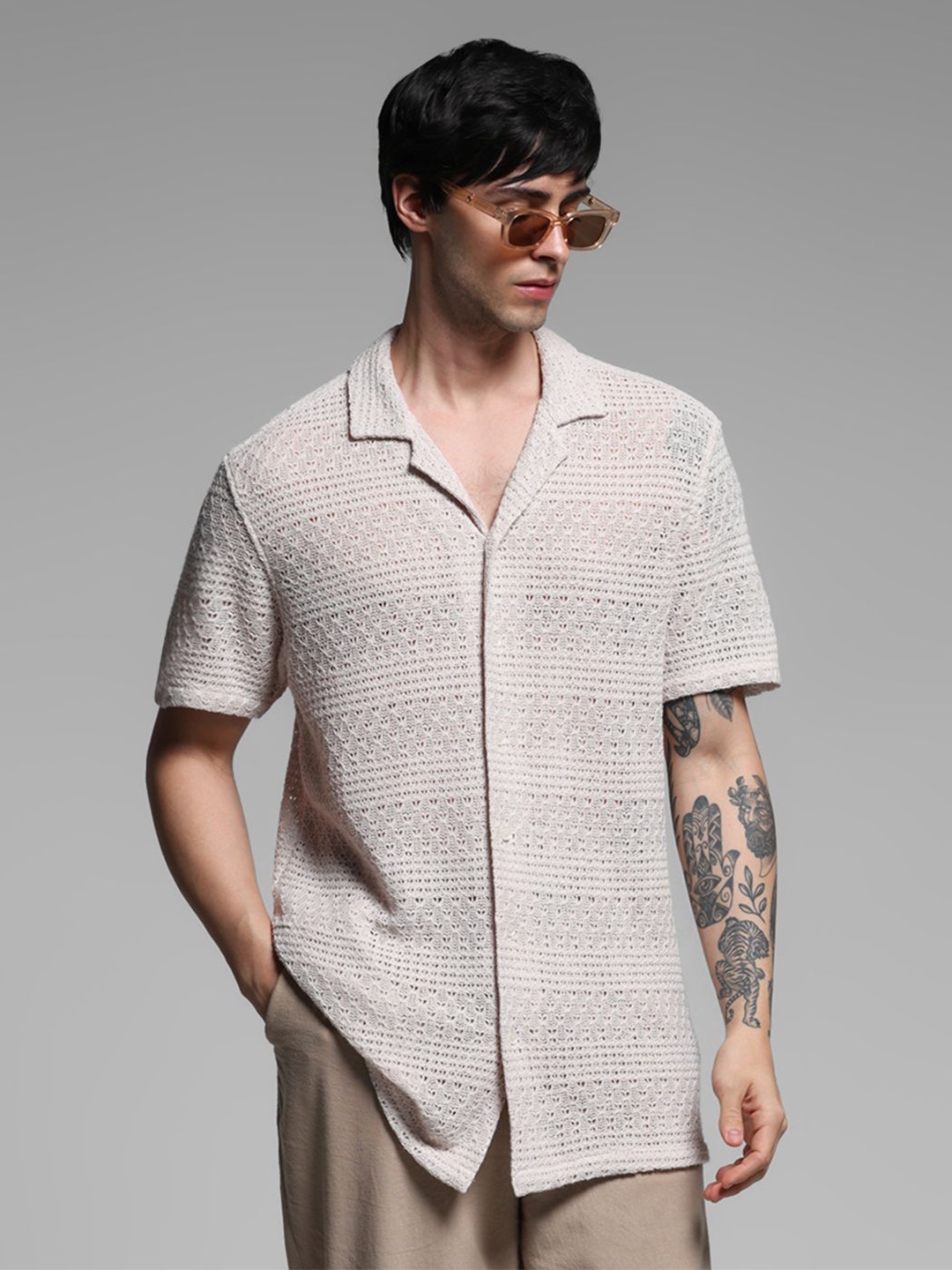 

Jack & Jones Men Cuban Collar Textured Casual Shirt, Beige