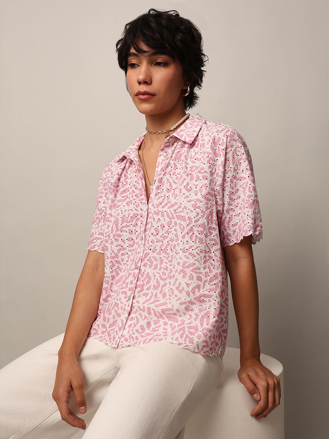 

ONLY Women Cutaway Collar Abstract Printed Cotton Casual Shirt, Pink