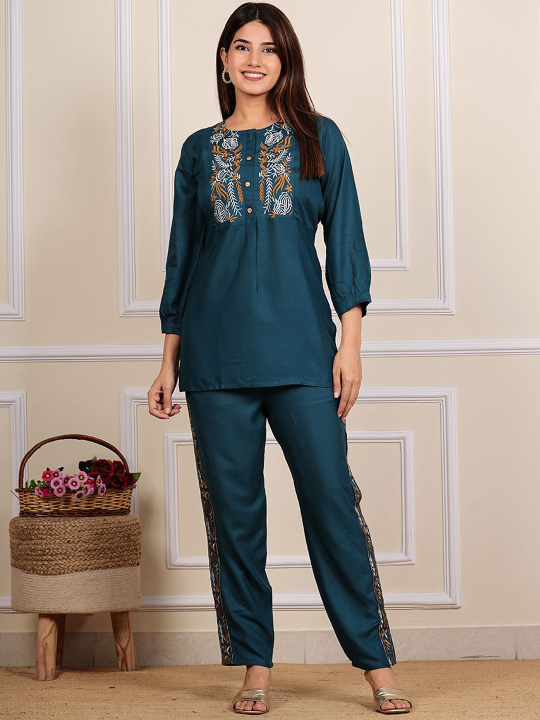 

HEBA Embroidered Top With Trousers Co-Ords, Blue