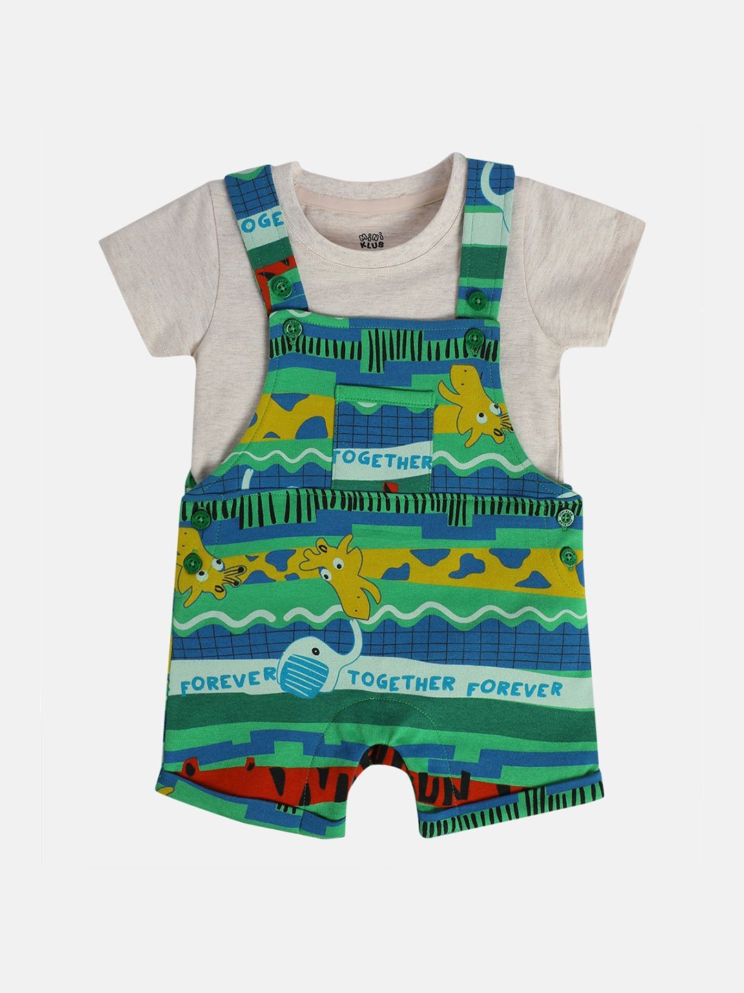 

MINI KLUB Infant Boys Printed Shoulder Straps Neck Sleeveless Cotton Dungarees & T-shirt, Green
