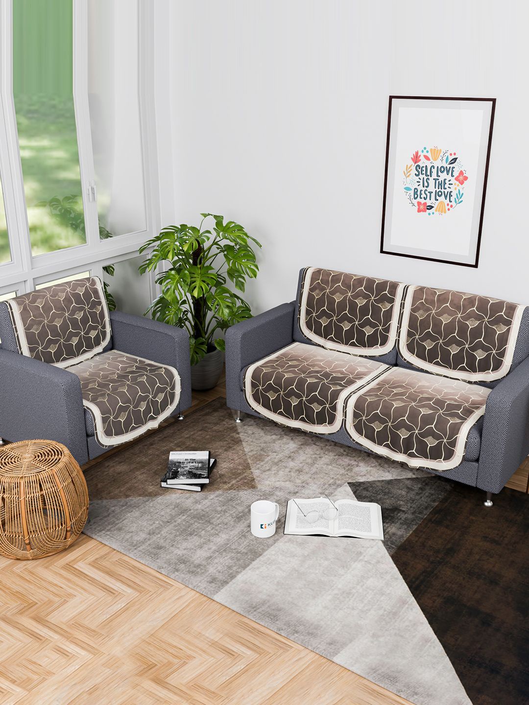

Kuber Industries Brown & Gold-Toned 6 Pieces Printed 3-Seater Sofa Covers