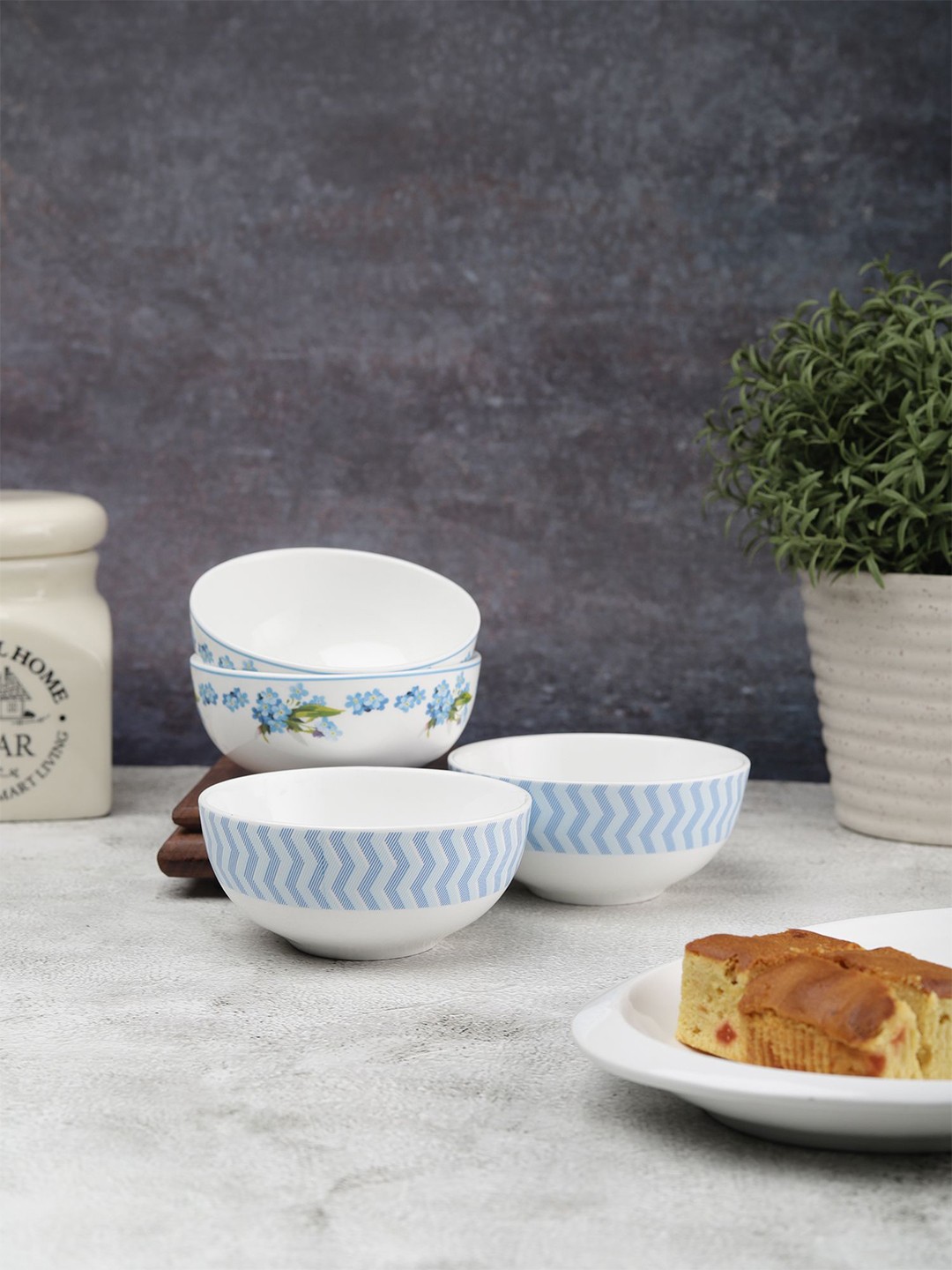 

CLAY CRAFT Blue & White 4 Pieces Printed Ceramic Imperial Glossy Bowls 140ml Each