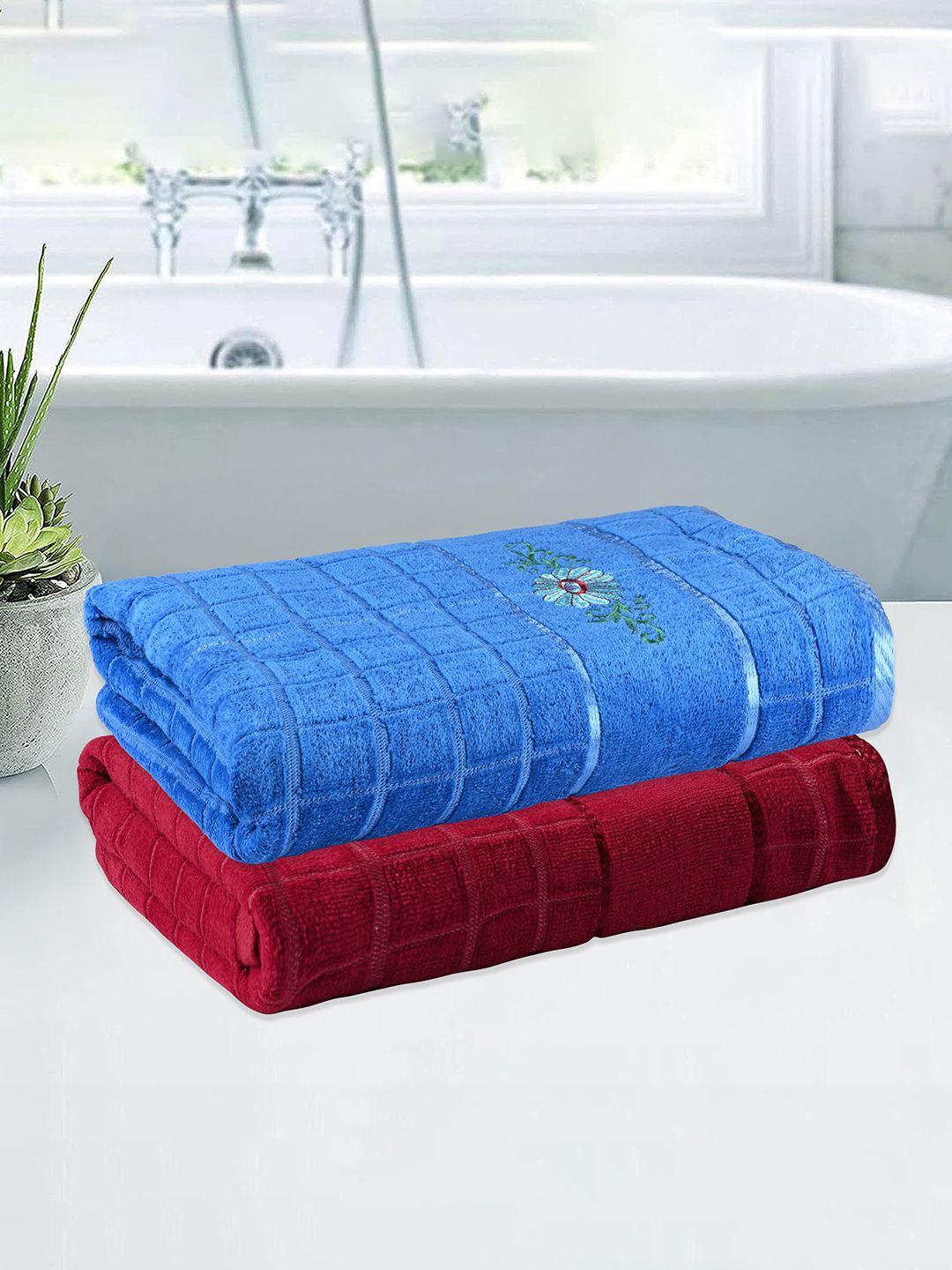 

Kuber Industries Red & Blue 2 Pieces Striped 260 GSM Bath Towels