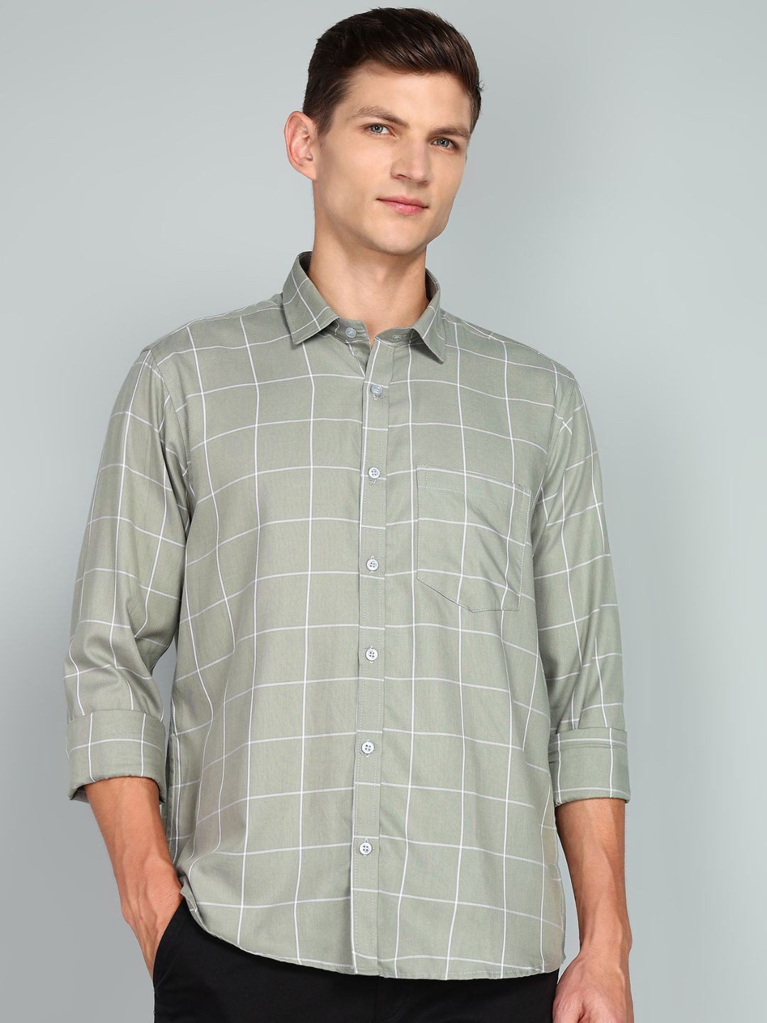 

Ethazh Men Spread Collar Solid Cotton Casual Shirt, Grey