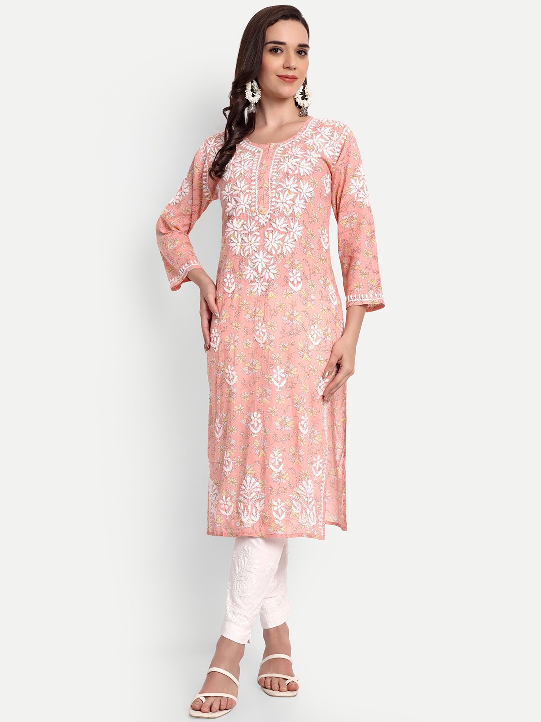 

Indiankala4u Ethnic Motifs Embroidered Lucknow Chikankari MulMul Cotton Straight Kurta, Peach