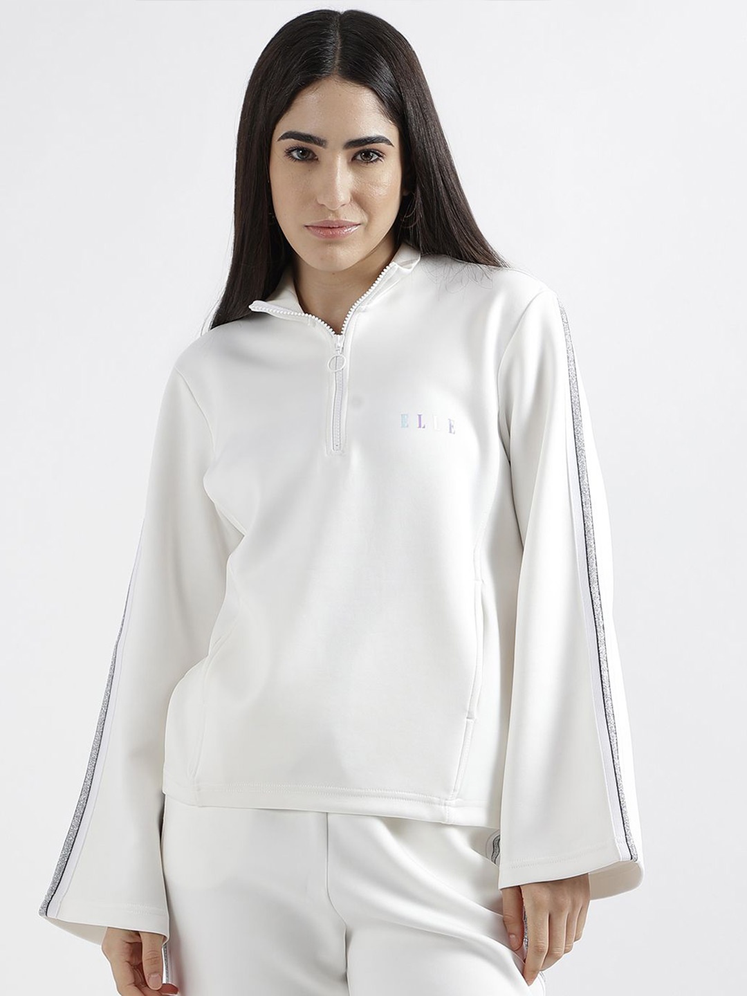 

ELLE Women Solid Mock Collar Pullover Sweatshirt, White