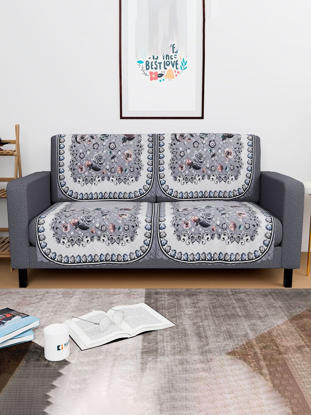 

Kuber Industries White & Grey 4 Pieces Printed 2 Seater Sofa Cover