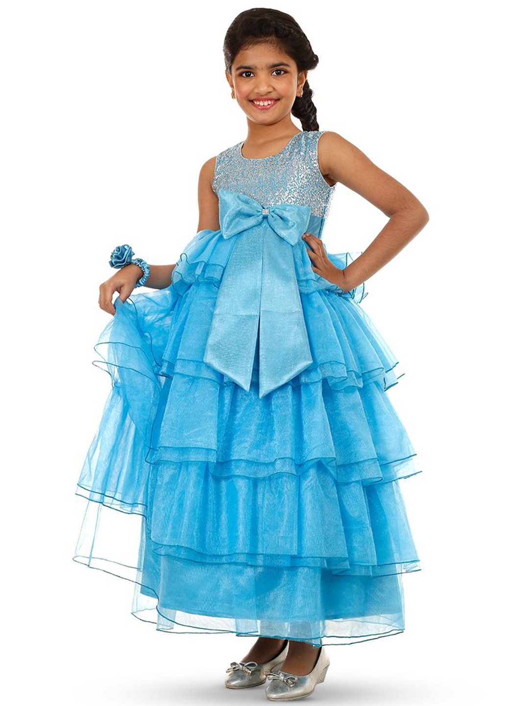 

Wish little Girls Net Bow Detailed A-Line Party Wear Maxi Dress, Blue